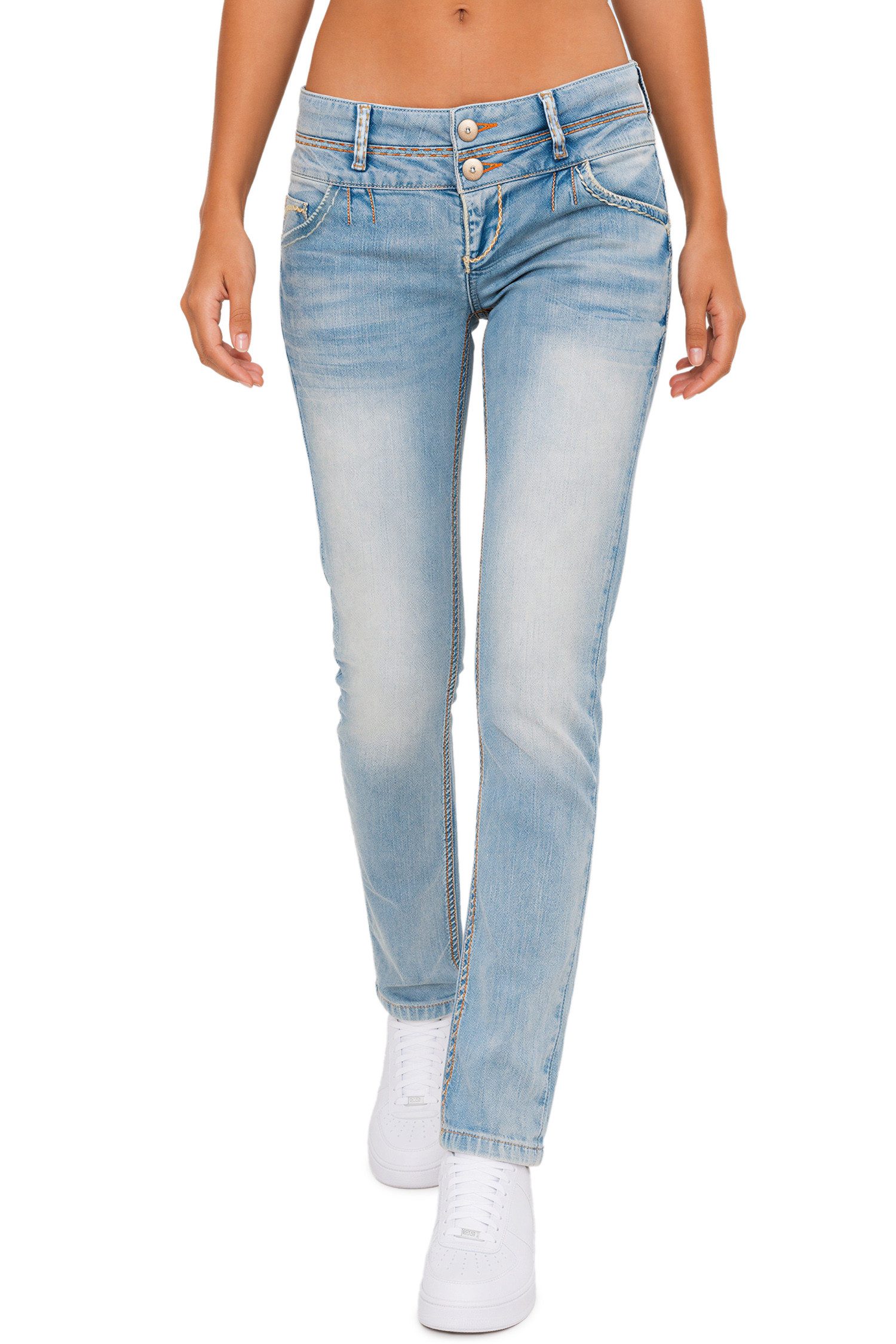 Cipo & Baxx 5-Pocket-Jeans Damen Slim Fit Hose Stonewashed BA-CBW0347A (1-tlg) mit dicken Nähten und Doppelter Bund