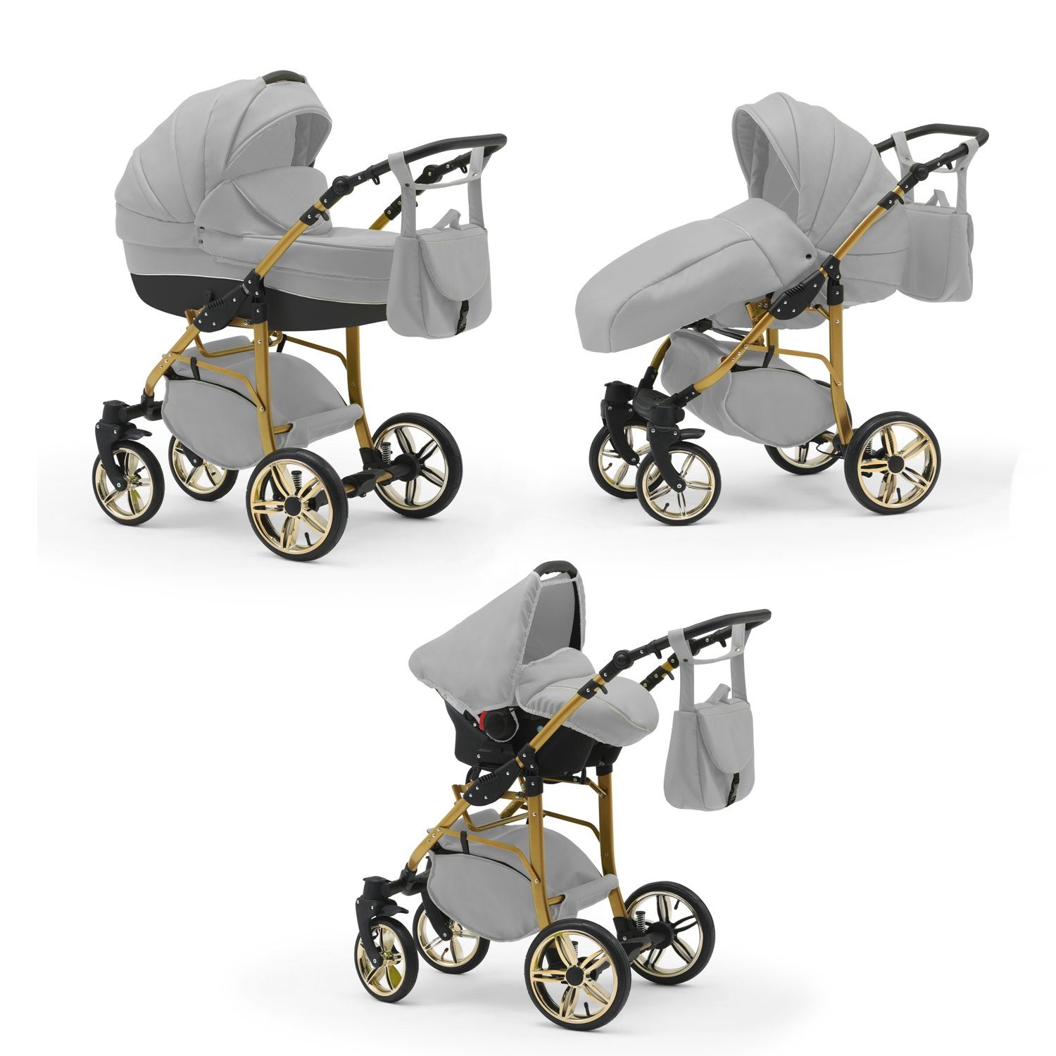 ECO in Gold - 3 babies-on-wheels Hellgrau-Schwarz 16 Teile Kinderwagen-Set in 46 Farben Kombi-Kinderwagen Cosmo 1 -