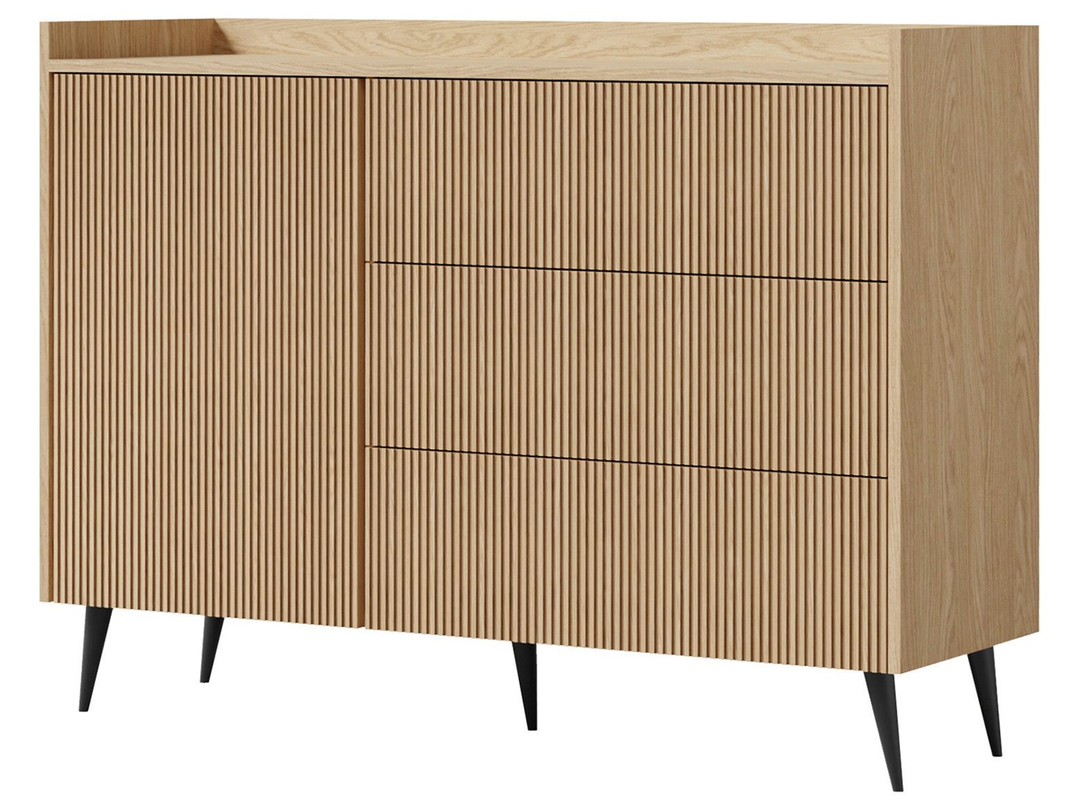 Beautysofa Kommode AMFALI mit 3 Schubladen und Tür (Push-to-open, geriffelte Fronten, schwarze Metallbeine), Frühlings-Eiche, Nussbaum oder Cashmere