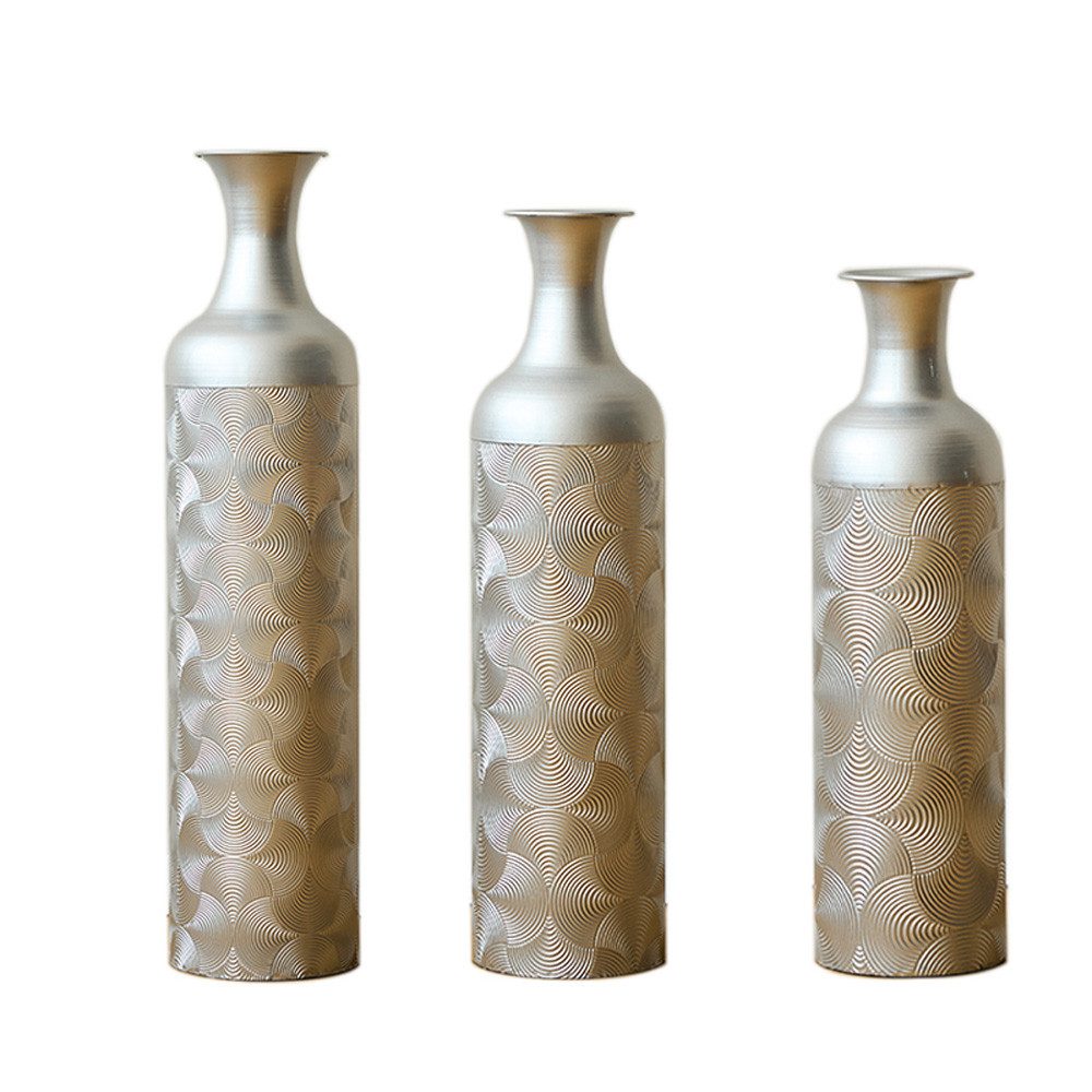 BlingBin Bodenvase Bodenvase Große 3er Set (50/66/83 cm) - Metallvasen mit Rillenmuster (3er Set, 3 St., Groß: 20*20*83CM/Mittel: 17*17*65CM/Klein: 14*14*50CM), Dekorative Vase für Wohnzimmer, Flur und Schlafzimmer, Silber