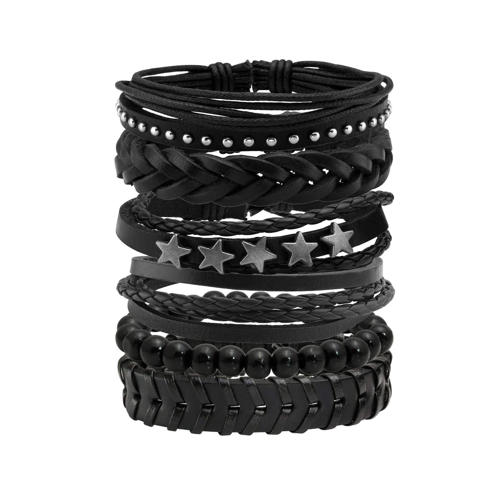 Zaewry Armband 4/6-teiliges Punk-Armband-Set für Herren, Schwarzes Lederarmband, Gothic geflochtener Armreif