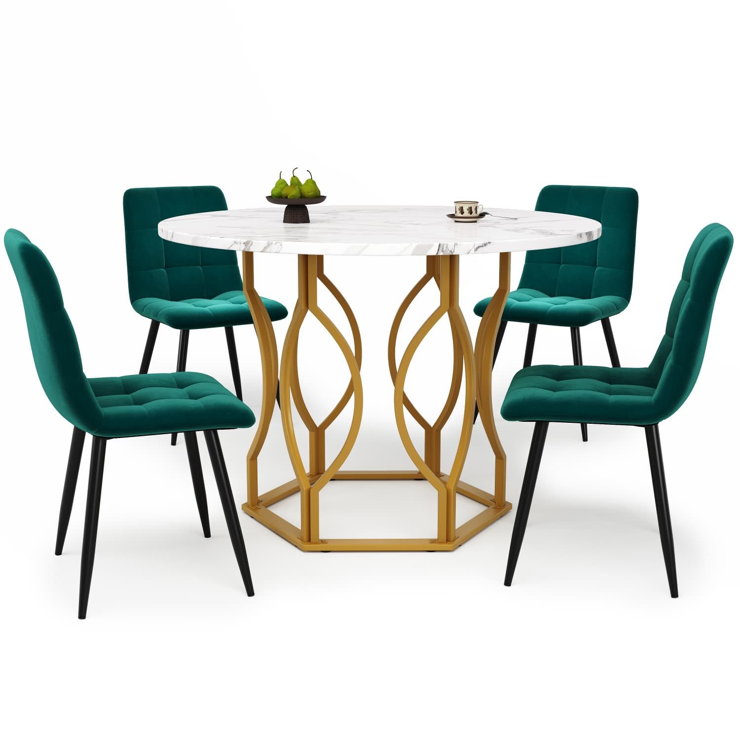 autolock Essgruppe Esstisch-Set (5-teilig),mit 4 Stühlen,Modernes Küchen-Esstisch-Set, Runder Küchentisch,MDF-Marmor-Tischplatte,Samt-Esszimmerstühle