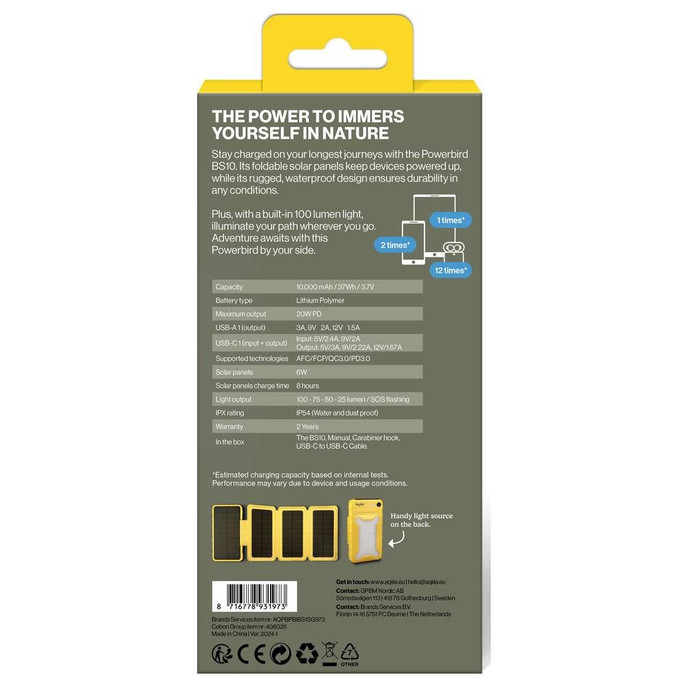 Aqiila Solar Powerbank 20W 10 mAh AQPBPBIBS1SG973 Solarladegerät