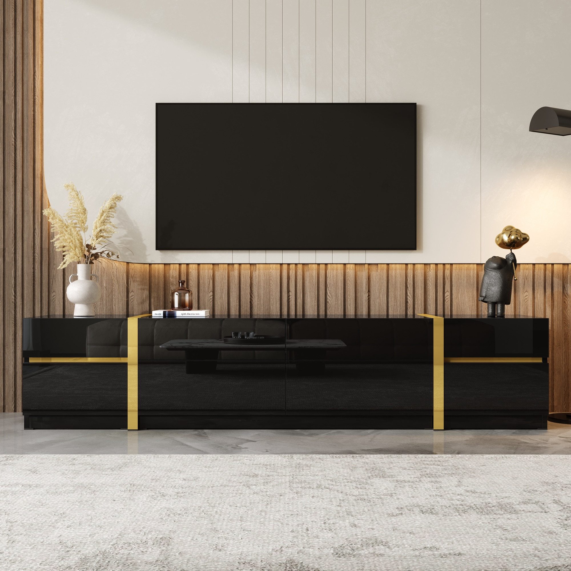 MODFU TV-Schrank Hochglanz-TV-Ständer 180x40x38 cm, goldene Akzente (Packung, 1-St., Kombination aus Schubladen & Fächern, geräumig) Stilvolles Wohnzimmermöbel mit edlem Finish