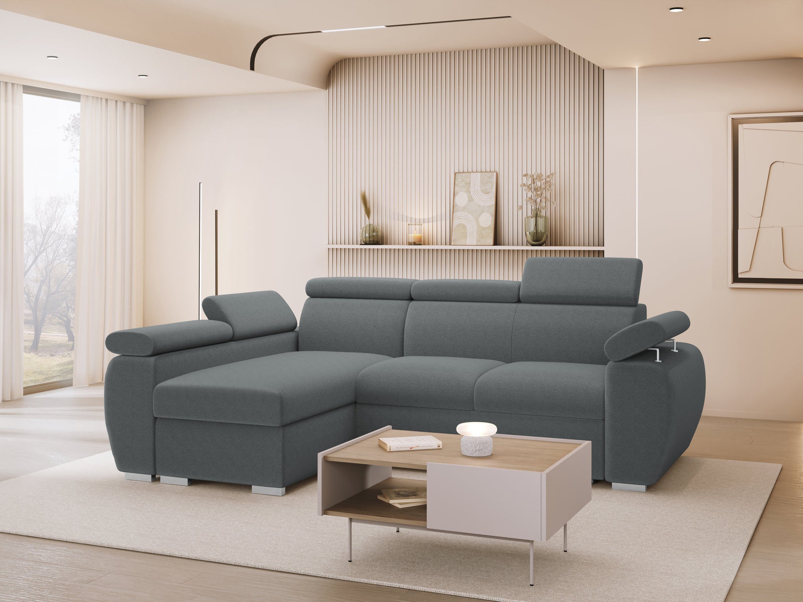 MIRJAN24 Ecksofa Boston Mini, mit Bettkasten und Schlaffunktion, mit Einstellbare Kopfstützen, L-Form, 255x170x85-98 cm