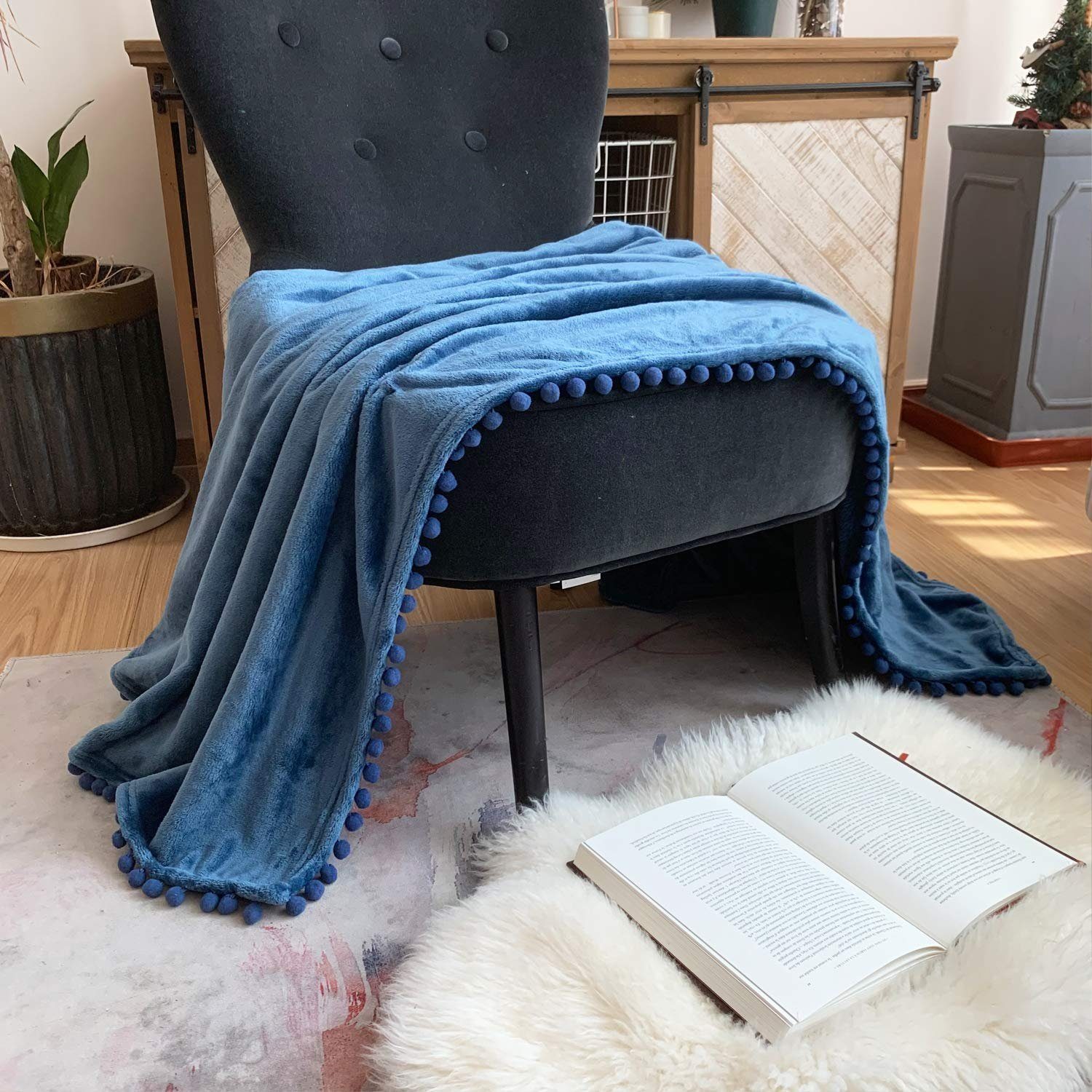 weich Wohndecke Wohndecke für Couch flauschig, Decken warm Blau und Flanell Decke Pompoms BTTO, Kuscheldecke, Sofa Fleecedecke
