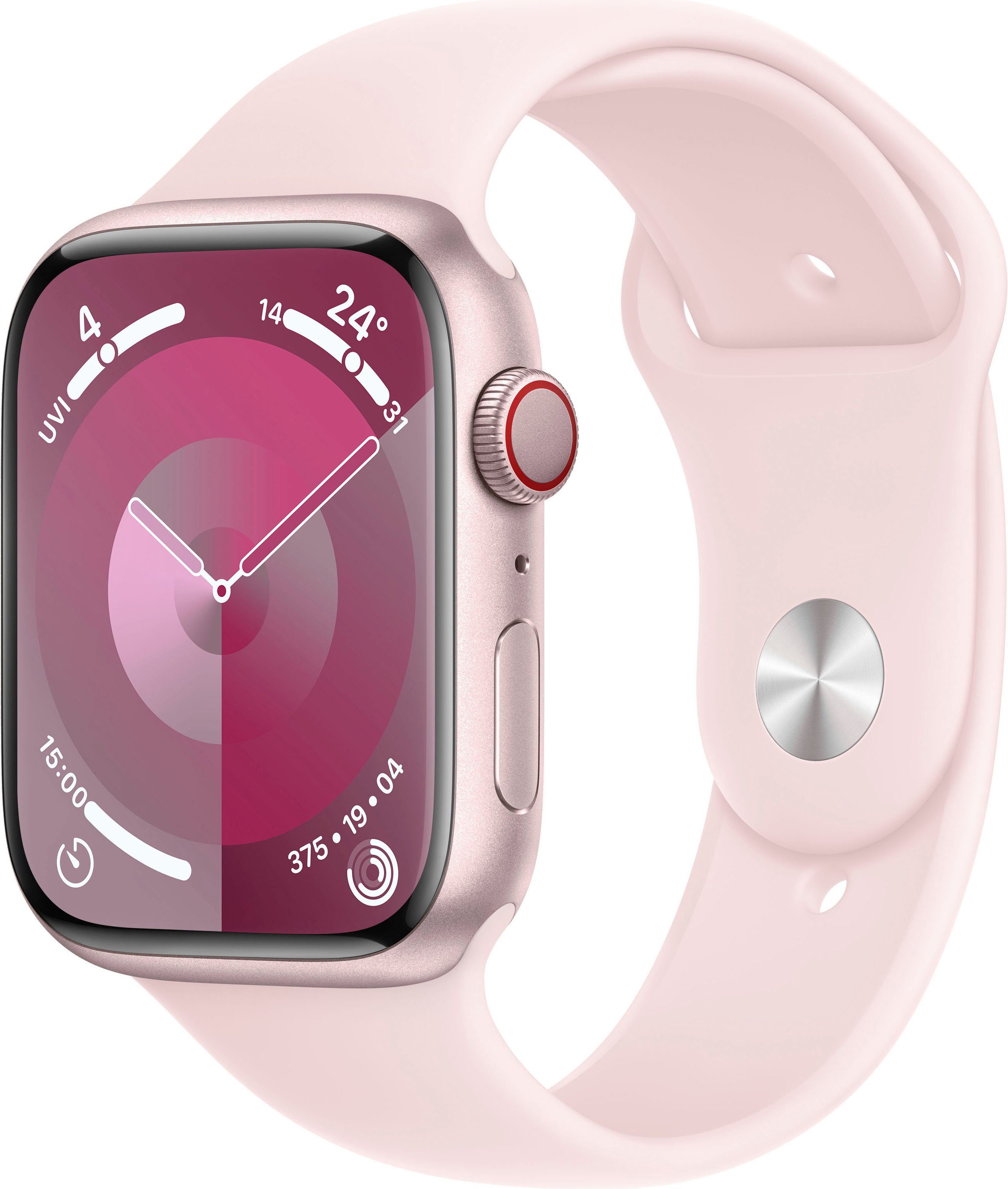 Apple Watch Series 9 GPS + Cellular 45mm Aluminium Smartwatch (4,5 cm/1,77 Zoll, Watch OS 10), Sport Band Rosa | Rosa | Apple Watch