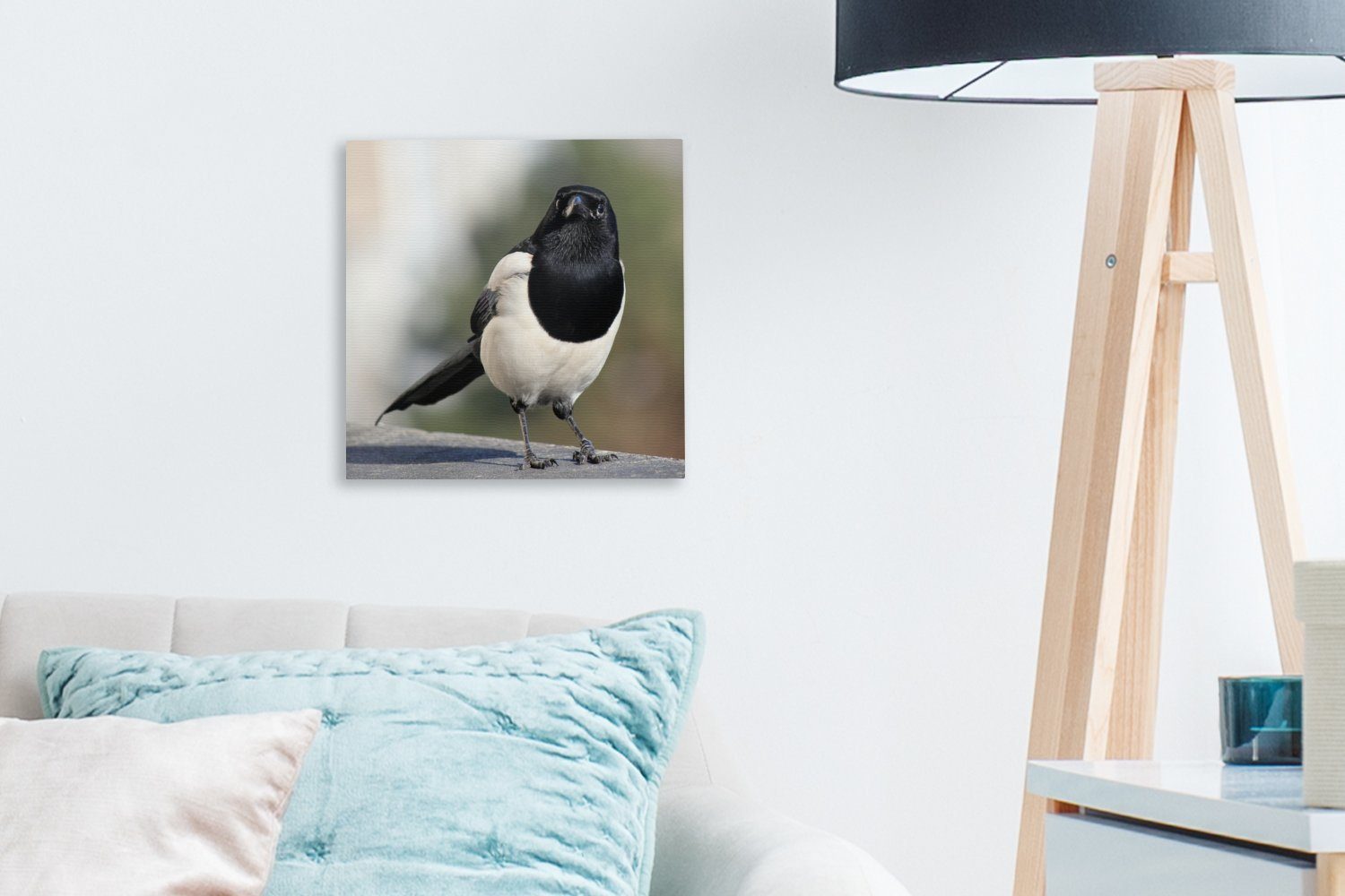 OneMillionCanvasses® Leinwandbild Elster Leinwand - St), - für (1 Vogel, Bilder Stein Wohnzimmer Schlafzimmer