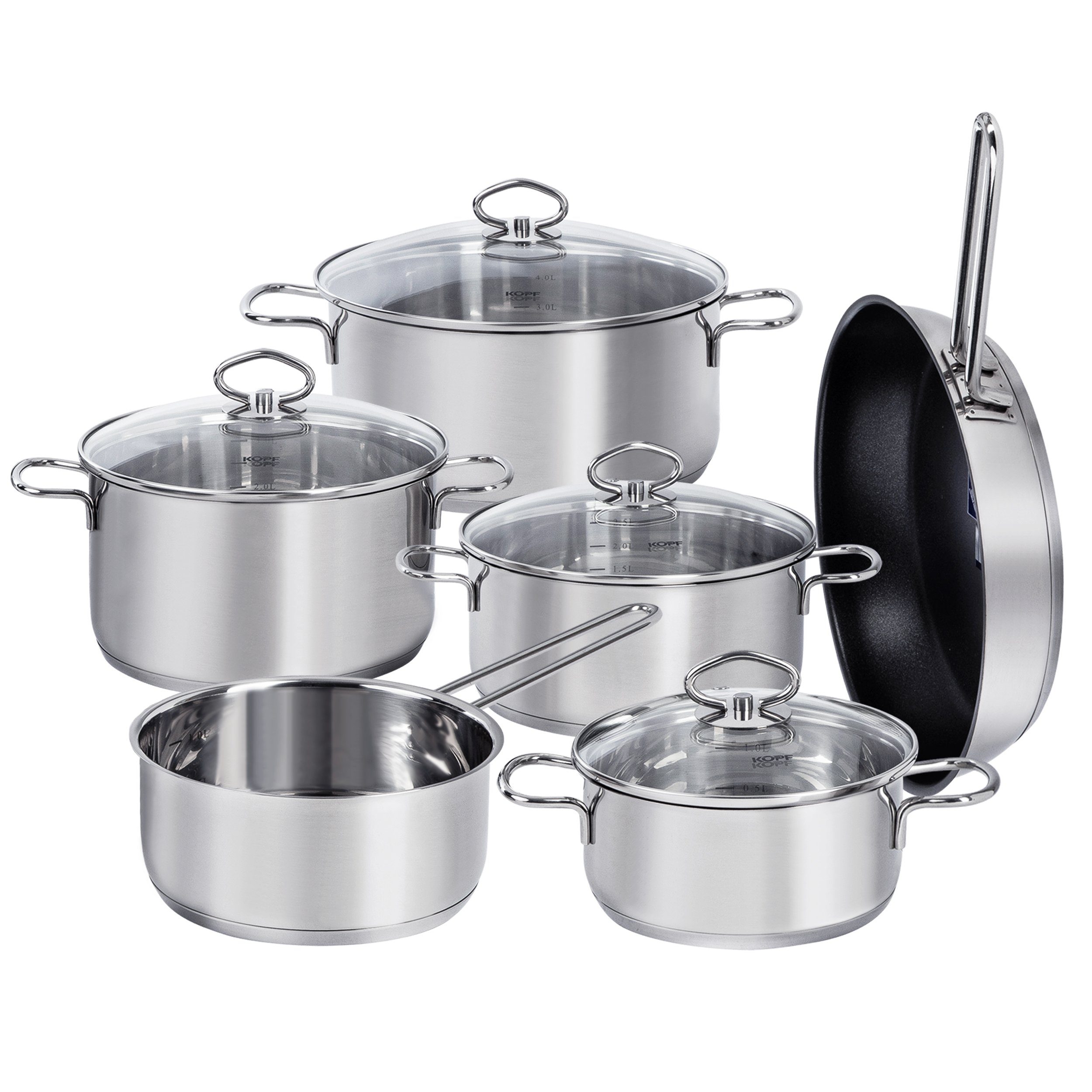 Kopf Topf-Set Merkur 6-tlg, Edelstahl (6-tlg), Kochtopfset Induktion, mit Schüttrand, Literskala und Glasdeckel