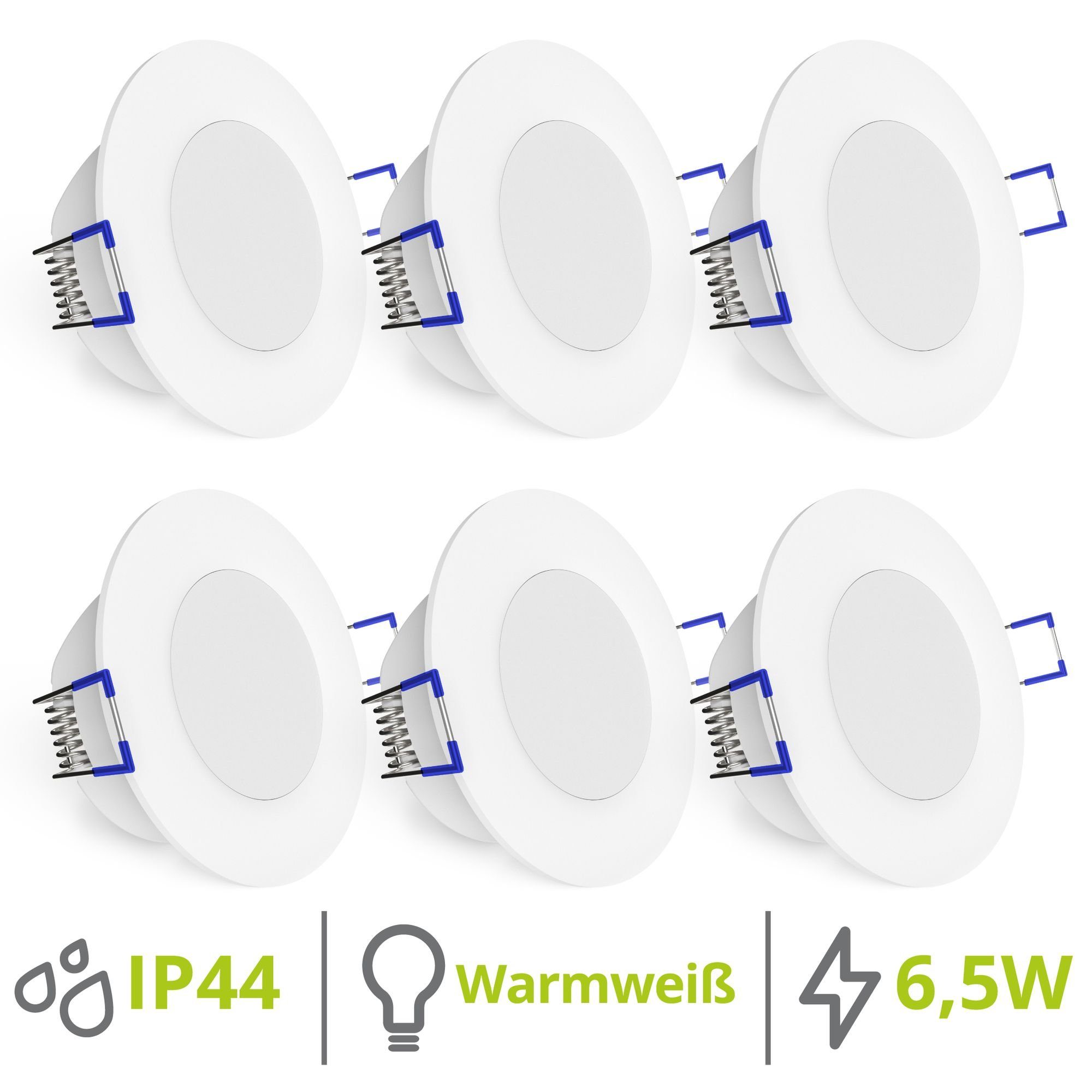 linovum LED Einbaustrahler 6er Set WEEVO extra flache LED Einbaustrahler 2700K 6,5W 230V fuer Bad, LED-Leuchtmittel fest verbaut, LED-Leuchtmittel fest verbaut