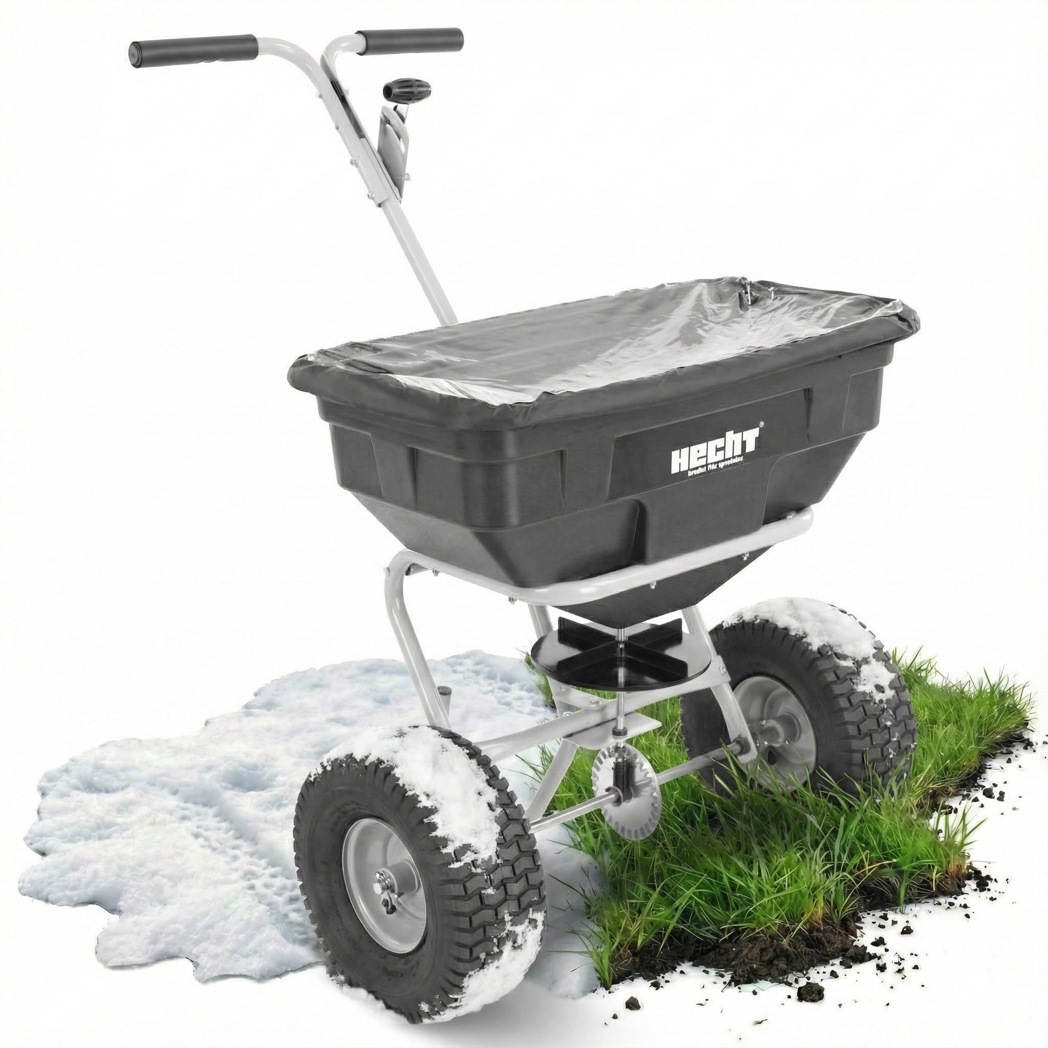 Hecht Streuwagen 256 mit Grobsieb und Abdeckhaube bis 3,5 m Streubreite, 60,00 l Füllmenge, Ergonomisch, Universal