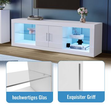 Merax TV-Schrank mit Glasböden und verstellbarem Einlegeboden Lowboard mit Hochglanz Front, TV-Board mit LED, TV-Ständer, B:140cm
