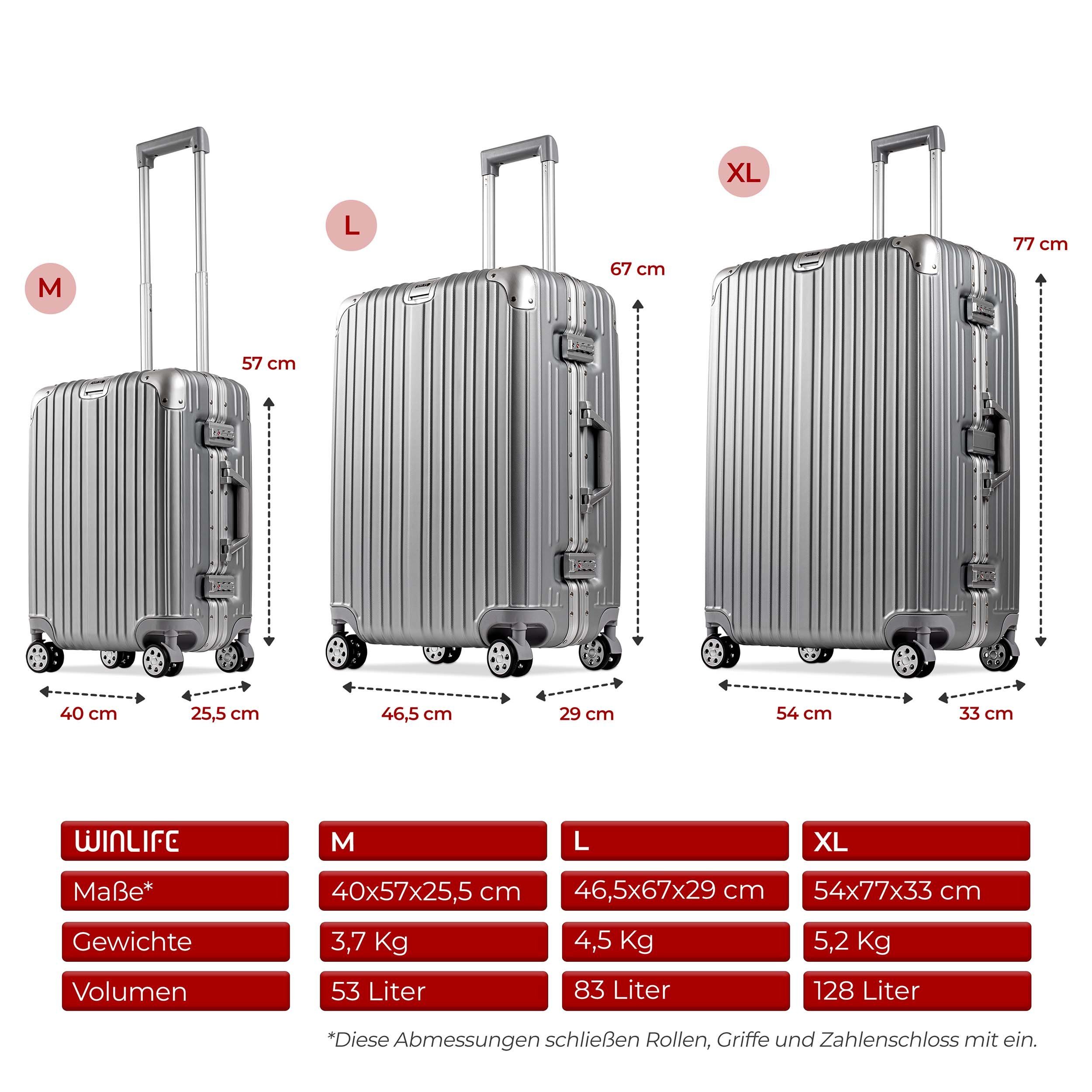 WINLIFE Koffer SPARSET Checkin-Trolley(67cm) + große Nummern-Schloss Koffer(77cm) SET TSA Reisekoffer, & ABS Alu-Rahmen, mit