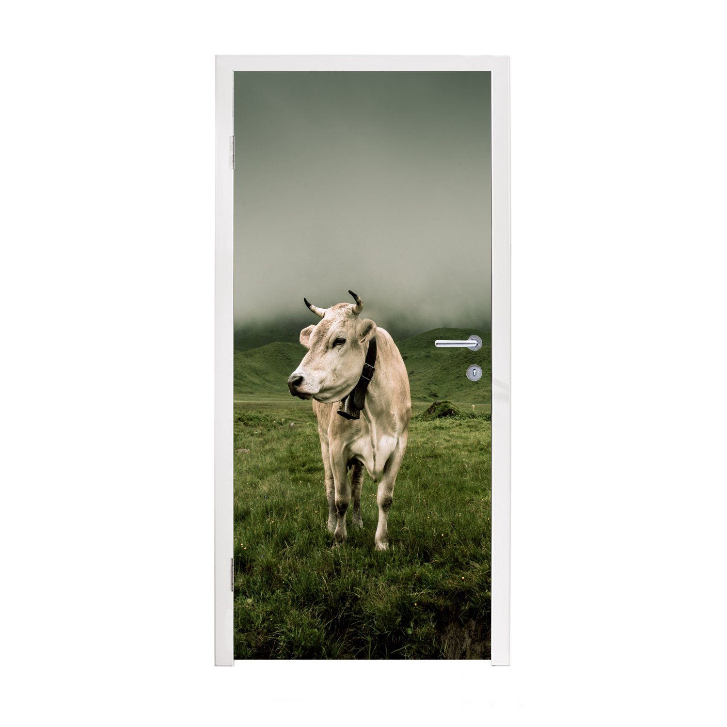MuchoWow Türtapete Kuh - Berg - Nebel, Matt, bedruckt, (1 St), Fototapete für Tür, Türaufkleber, 75x205 cm