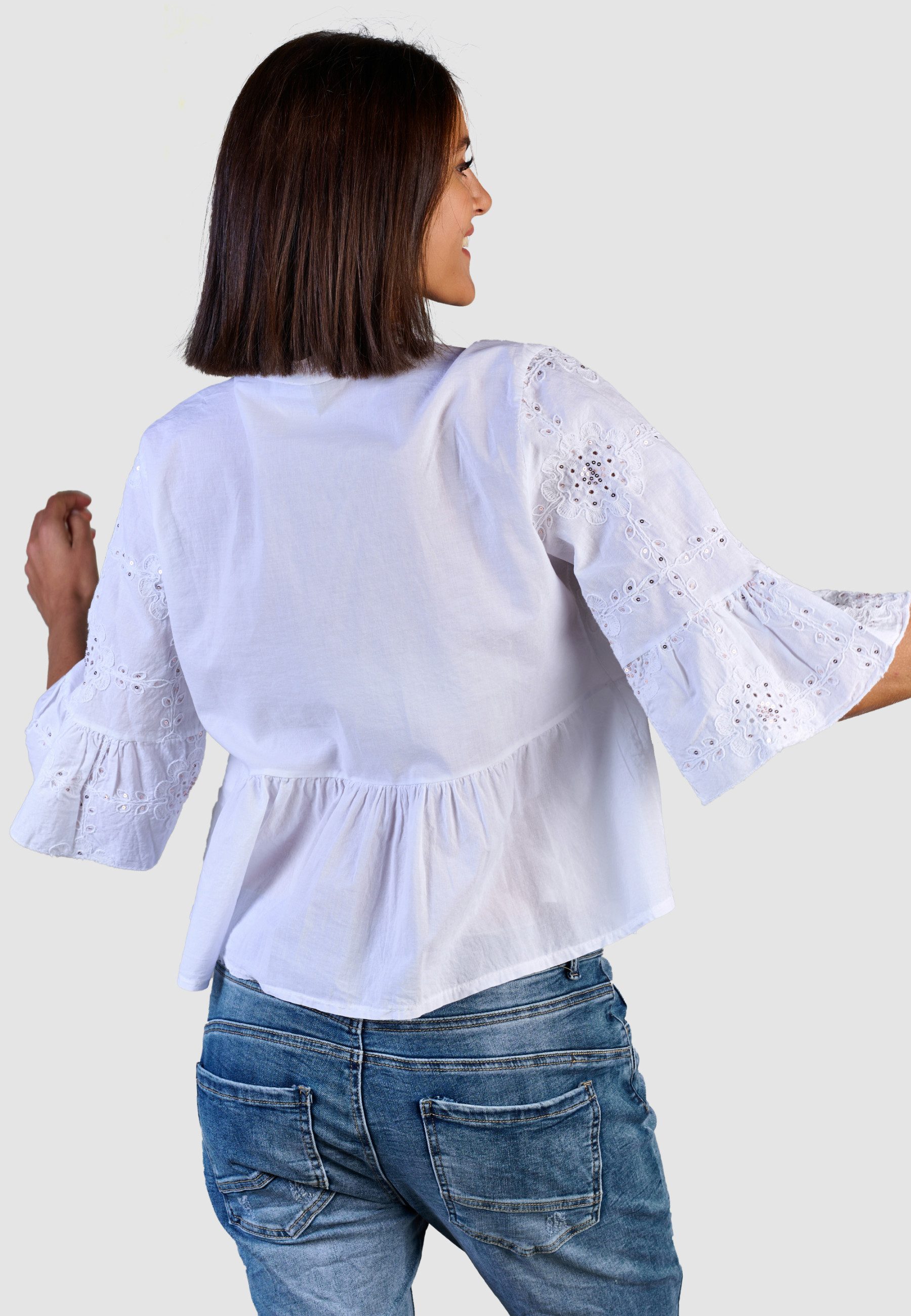 Andijamo-Fashion Spitzenbluse SUNLACE Leichte Bluse mit femininer Pailetten Lochstickerei