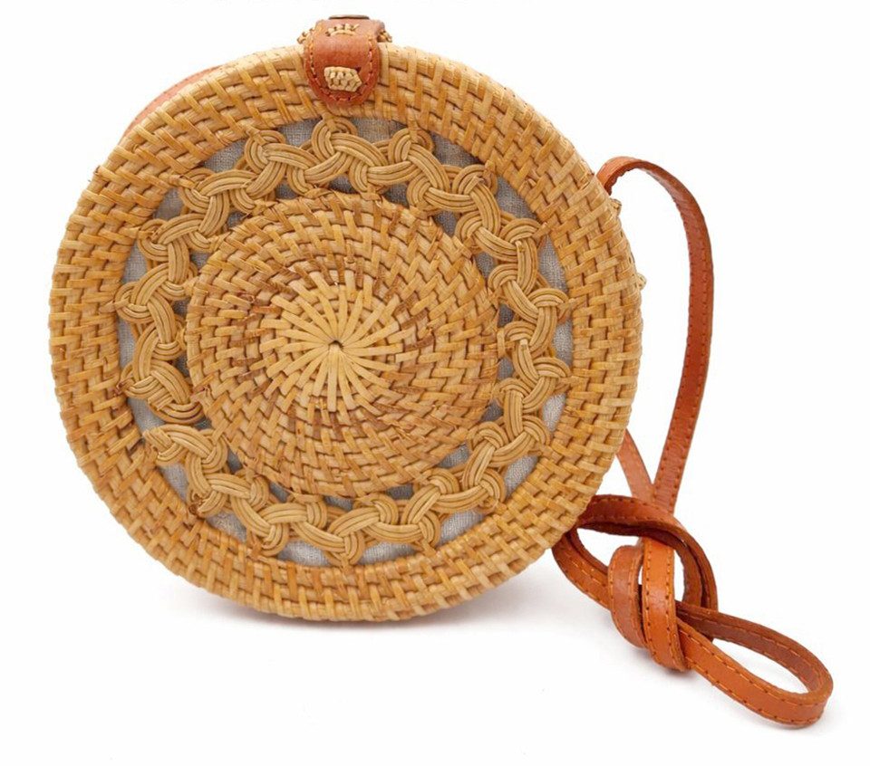Der Trachtler Basttasche Damen Korbtasche Bali Bag in runder Form, mit Lederriemen - handgefertigt in Bali