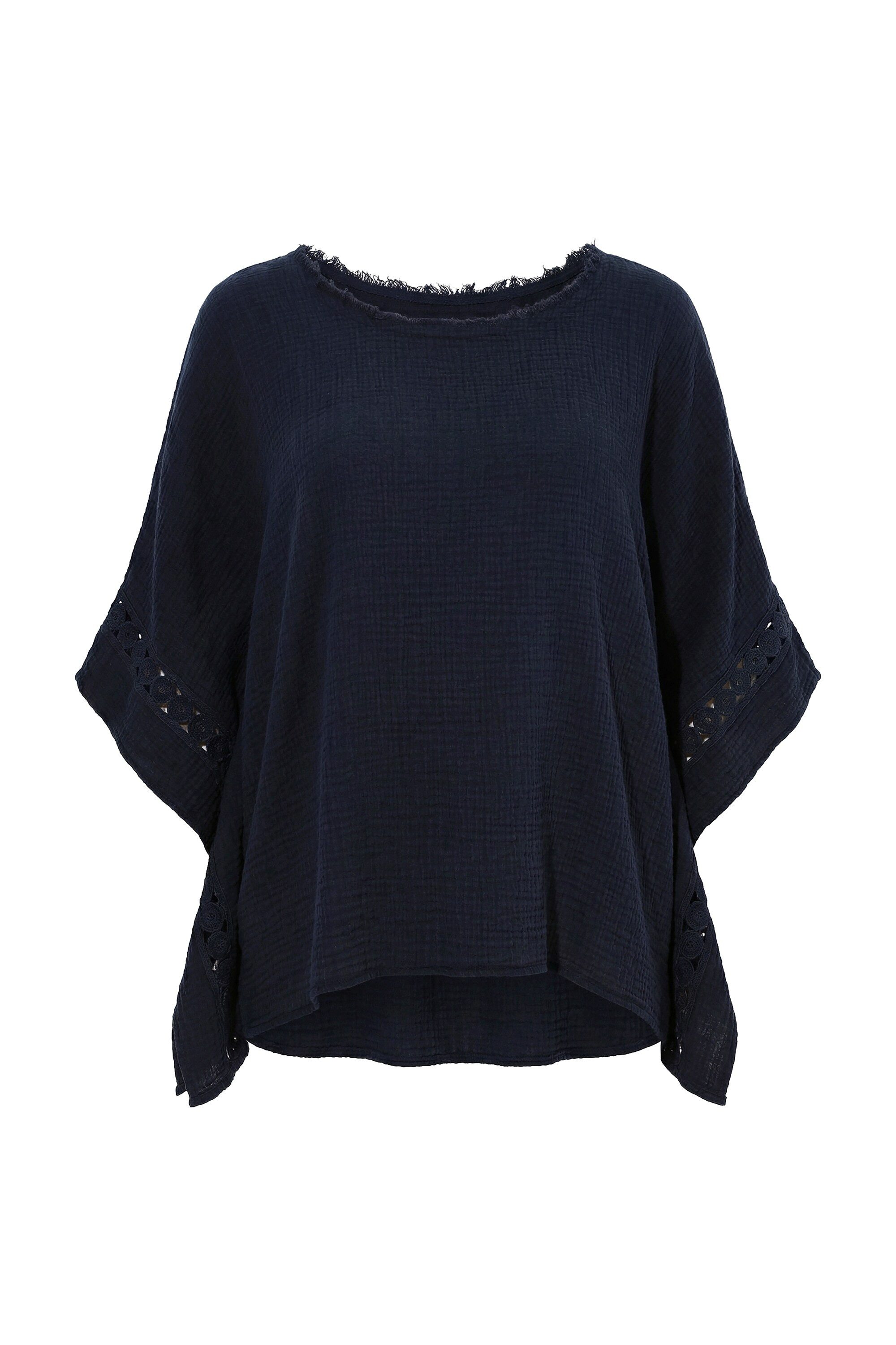 Ulla Popken Schlupfbluse Musselin-Bluse Spitze Oversized Rundhals Halbarm