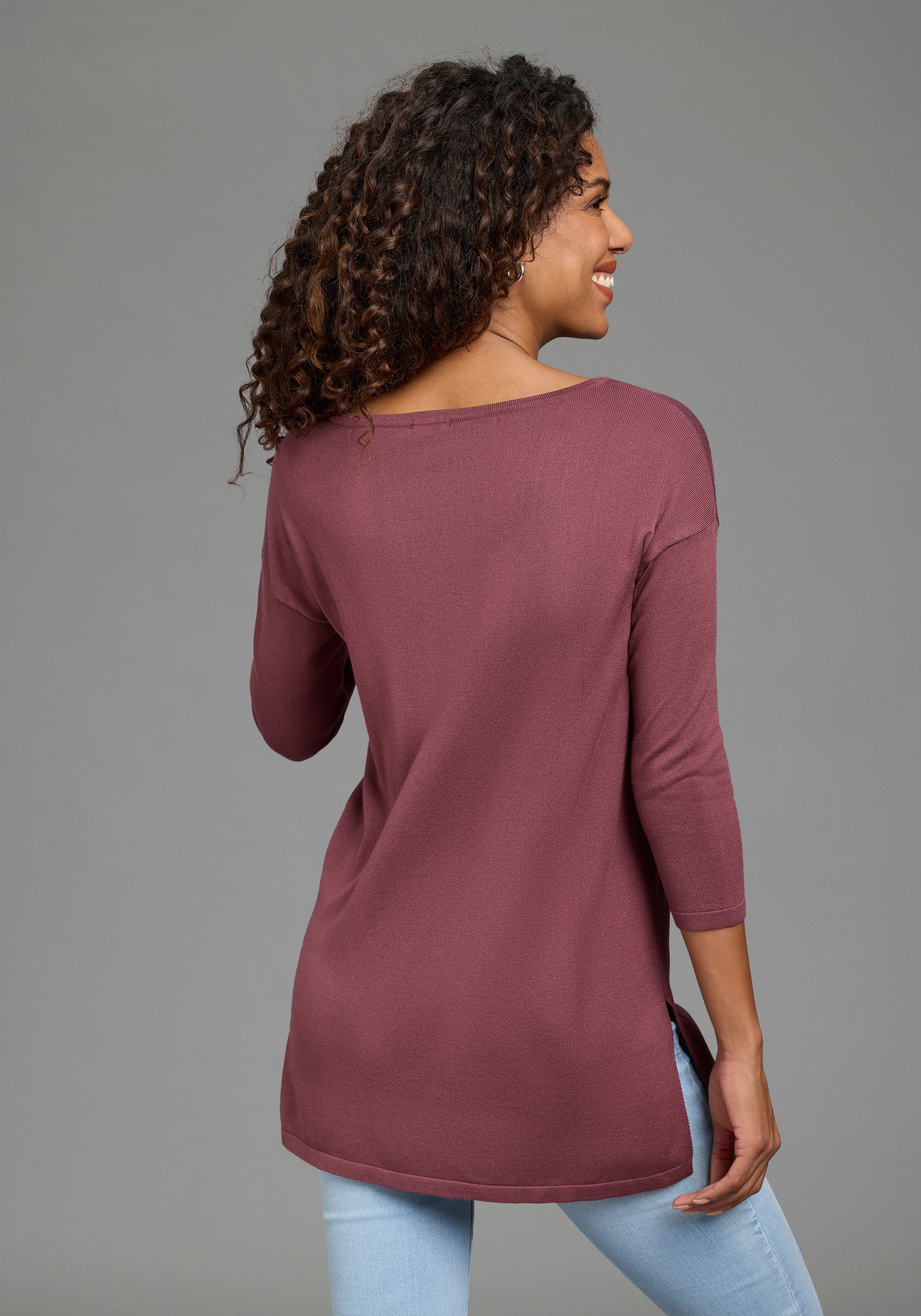 Laura Scott Longpullover Feinstrick mit U-Boot Ausschnitt und seitlichem Schlitz