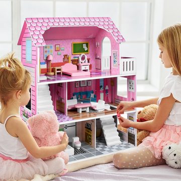AUFUN Puppenhaus Puppenstube Holzpuppenhaus mit 3 Etage Puppenvilla, mit Möbeln