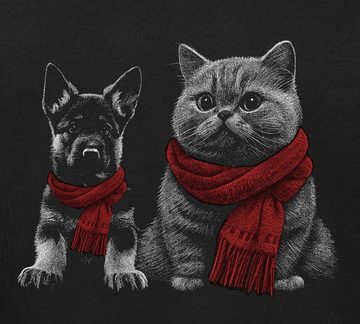 MyDesign24 Print-Shirt bedrucktes Mädchen T-Shirt mit Hundewelpen und Kätzchen Baumwollshirt mit Katze und Welpe, schwarz, i118