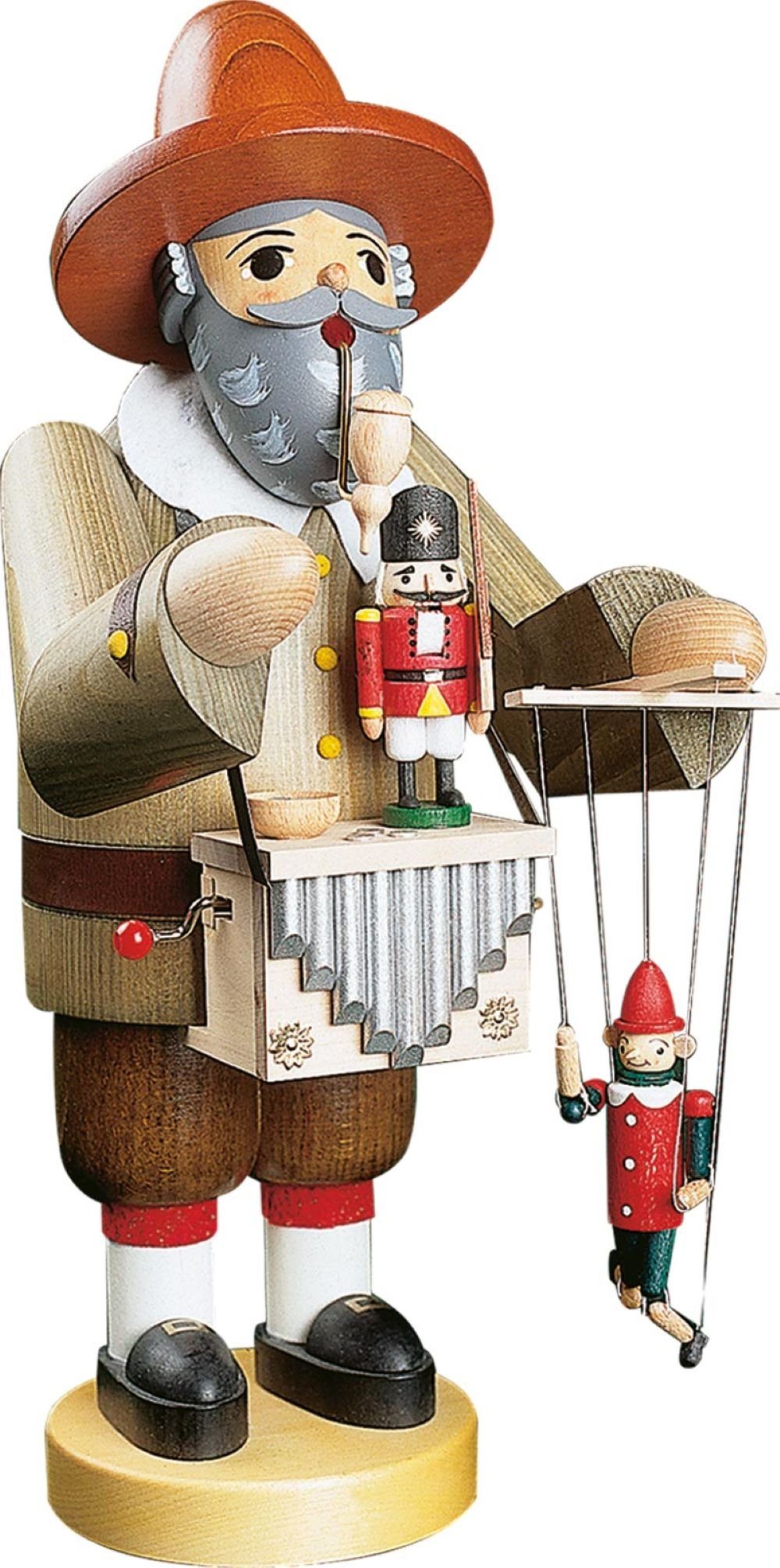 Richard Glaesser Räuchermännchen Puppenspieler mt Spielwerk, Höhe 36cm, Handwerkskunst original Erzgebirge | Räuchermännchen