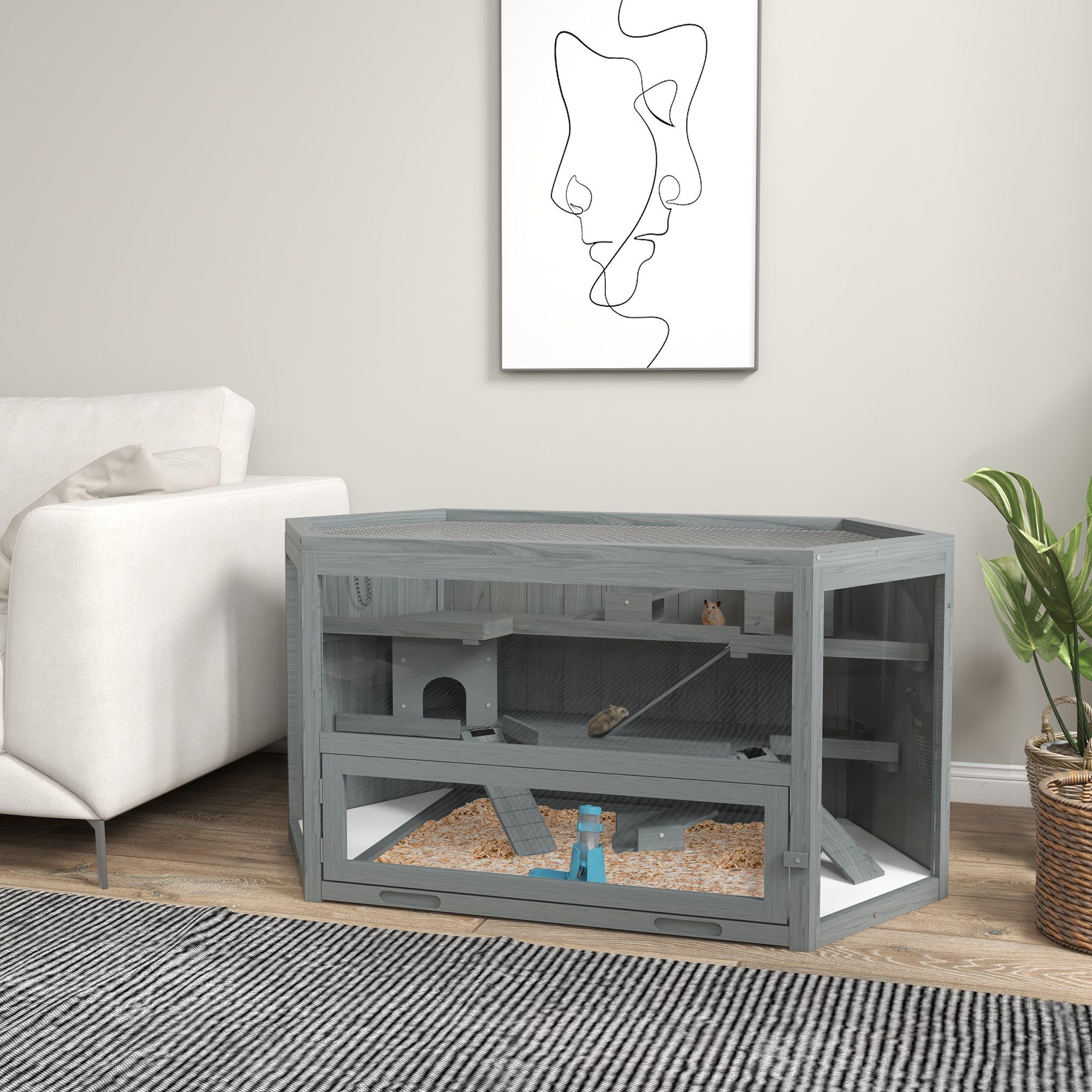 PawHut Kleintierkäfig Hamsterkäfig aus Holz 3 Etagen Nagarium, mit klappbarem Deckel, Sichtfenster, Rampe, 115 x 60 x 55 cm Grau