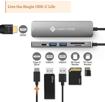 NOVOO 6 in 1 Adapter für technische Geräte, Anschlusserweiterung für den PC USB-Adapter USB-C zu HDMI, USB 3.0 Typ A, USB-C PD, SD Kartenleser, TF Kartenleser, Kompatibel mit Windows Laptop, Tablet, MacBook & Ipad