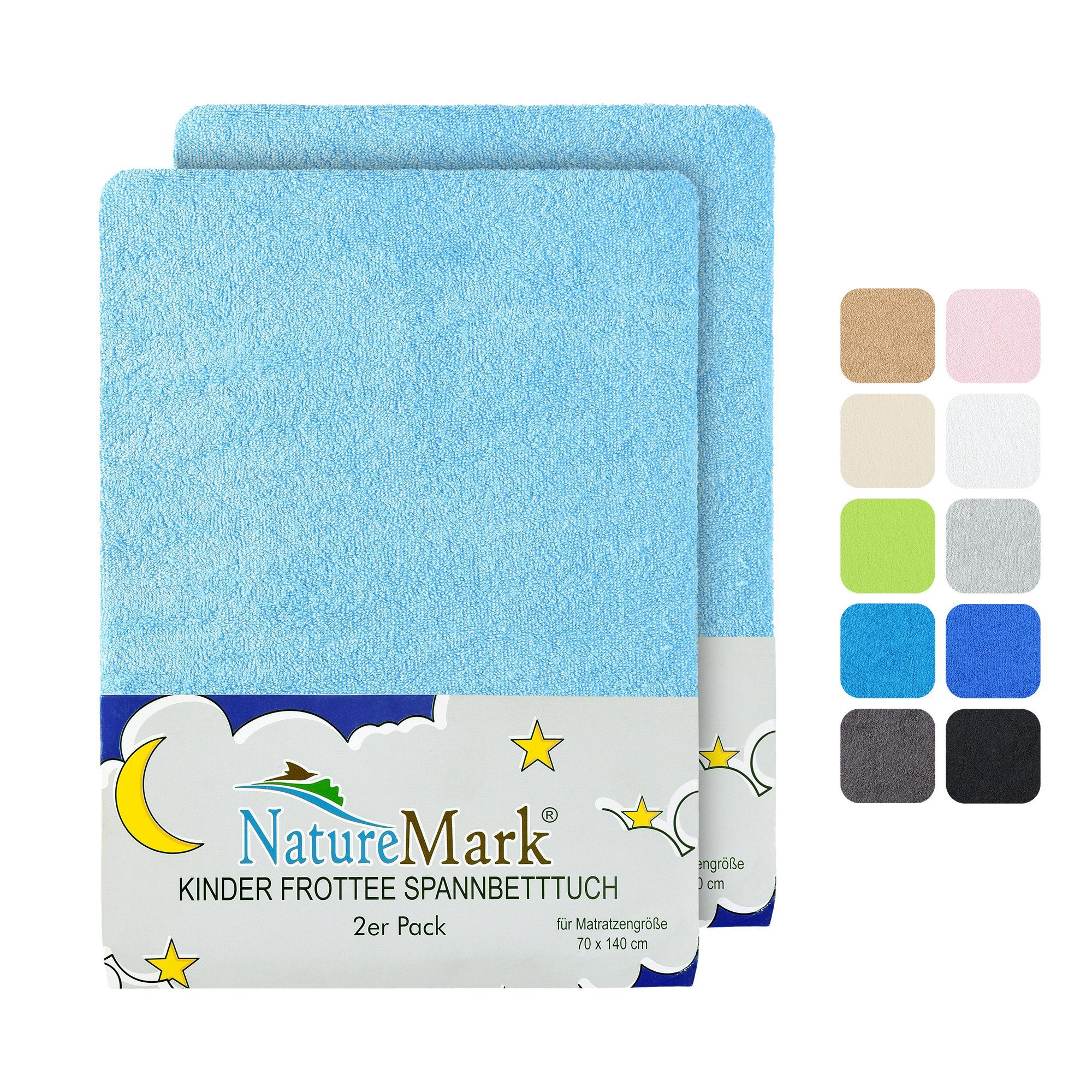 NatureMark Spannbettlaken Frottee Spannbettlaken, 80% Baumwolle / 20% Polyester, Gummizug: rundum, (2 Stück), 2er Set Kinder Spannbettlaken Frottee, Spannbetttuch 80% Baumwolle / 20% Polyester, für Babybett und Kinderbett, 70x140 cm - Hellblau
