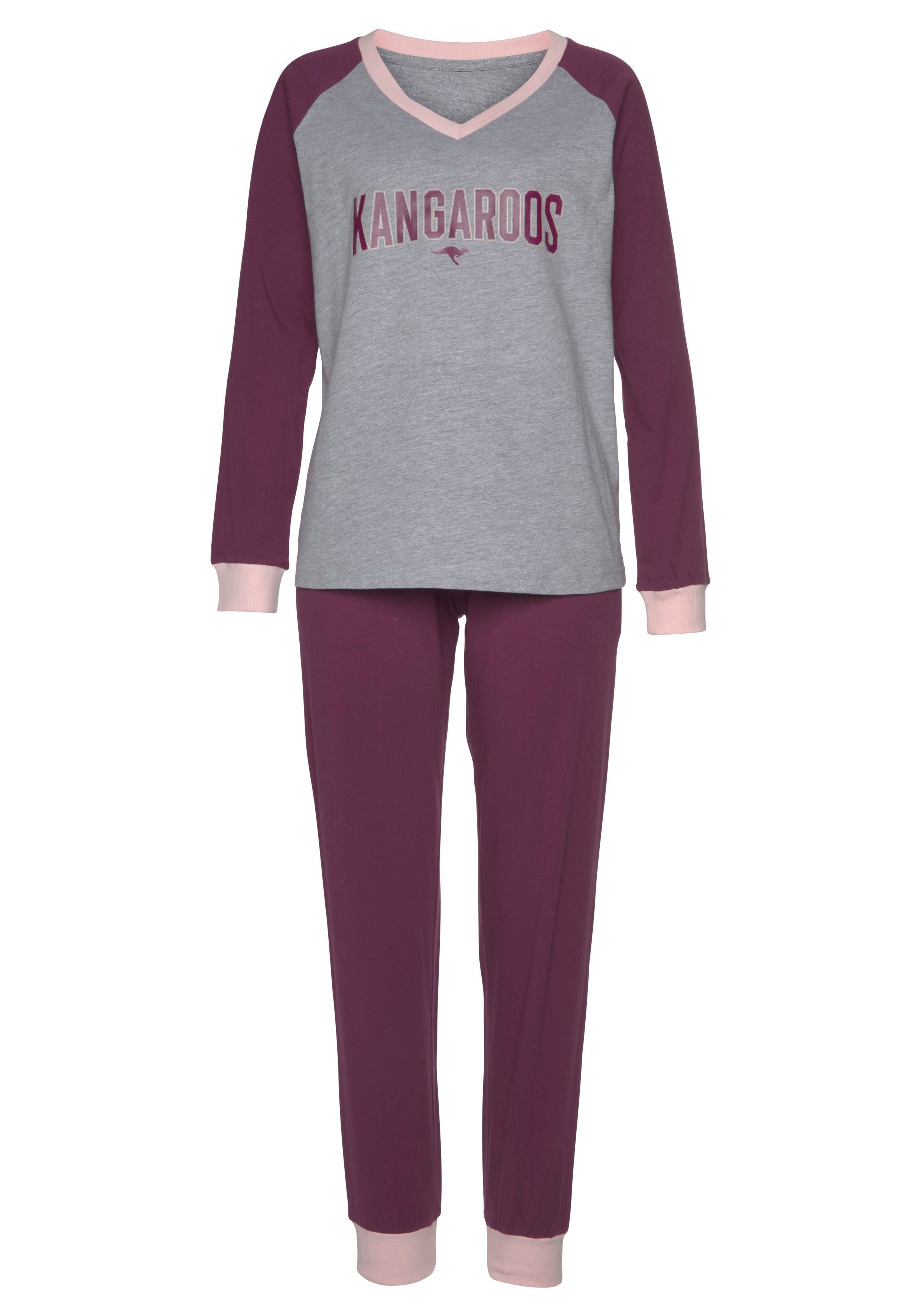 Stück) KangaROOS kontrastfarbenen bordeaux-grau-meliert Pyjama tlg., (2 Raglanärmeln 1 mit