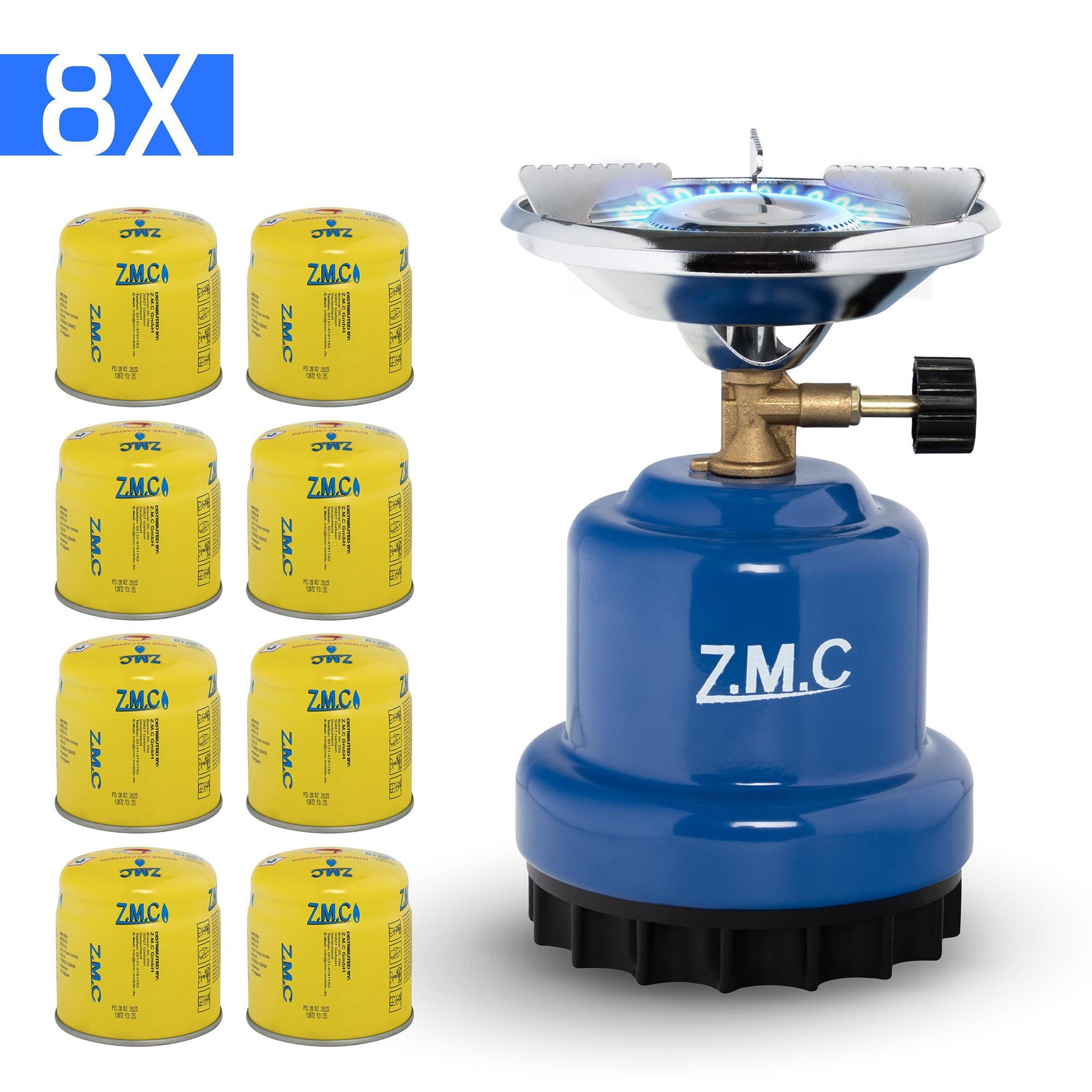 ZMC Gaskocher ZMC Campingkocher Gaskocher 1100 W, 1 flammig + 8x Gaskartuschen, (Maximale Temperatur: 1100W / Gewicht: 520g / 190g Butangas, Maximale Temperatur: 1100W / Gewicht: 520g / 190g Butangas), Butangasbrenner Kartuschenkocher Kochfeld für Festiva