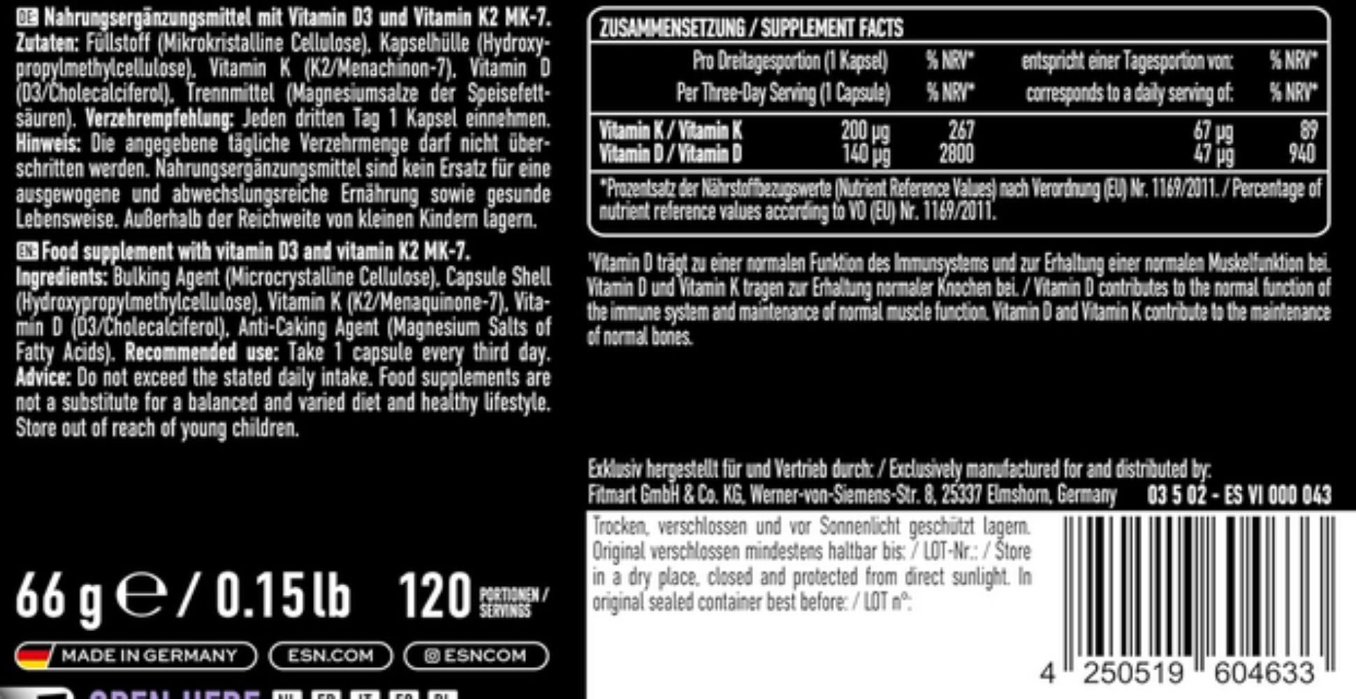 ESN ESN Vitamin D3+K2 120 Kapseln Cholecalciferol + MK-7 Kapseln, 66 g, Vitamin D3 & K2 mit Depot-Wirkung
