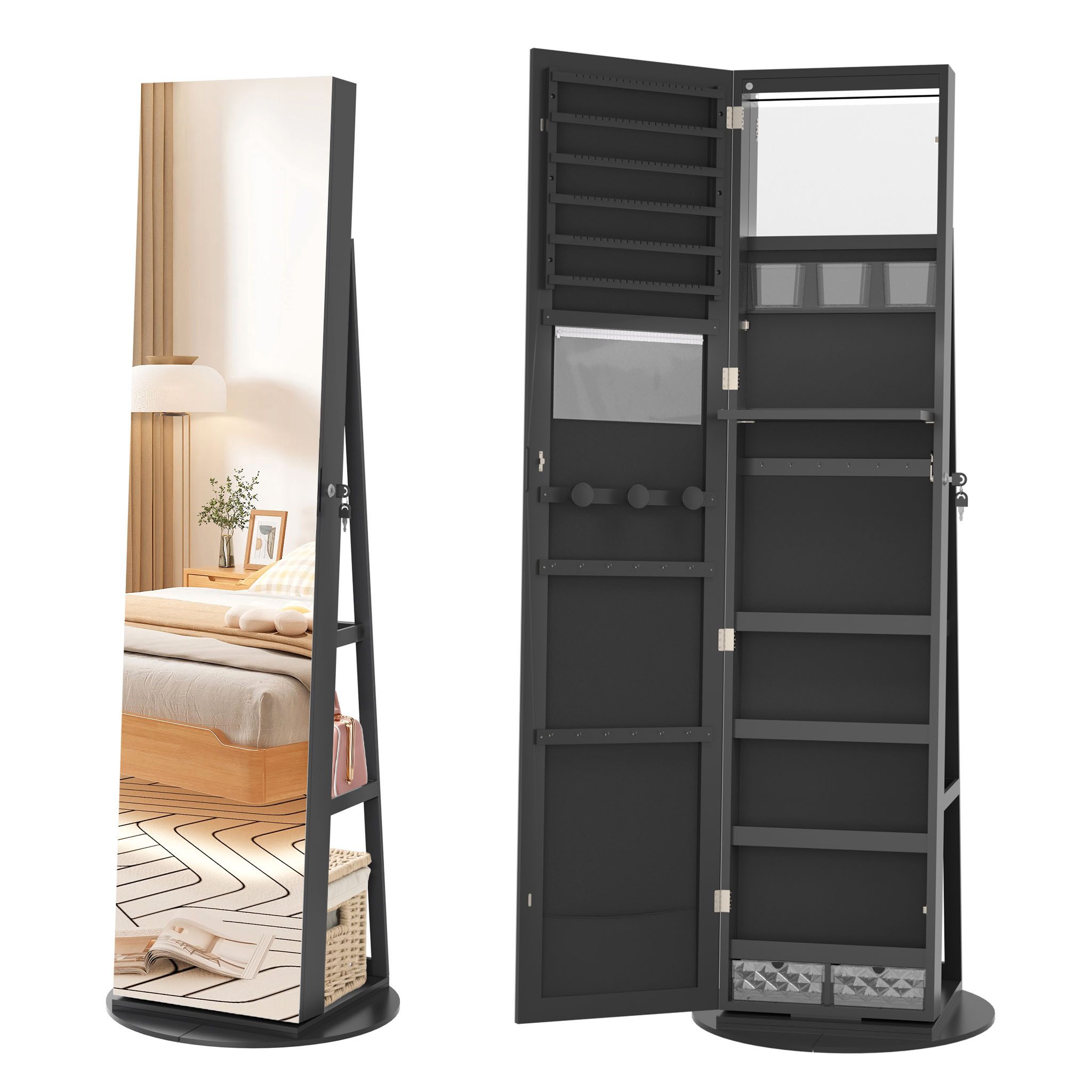 FIVMEN Schmuckschrank Spiegelschrank zur Aufhängen Hängend Abschließbar 2 in 1 Drehbare Halterun Wandspiegel und Schmuck Organizer Weiß/Schwarz