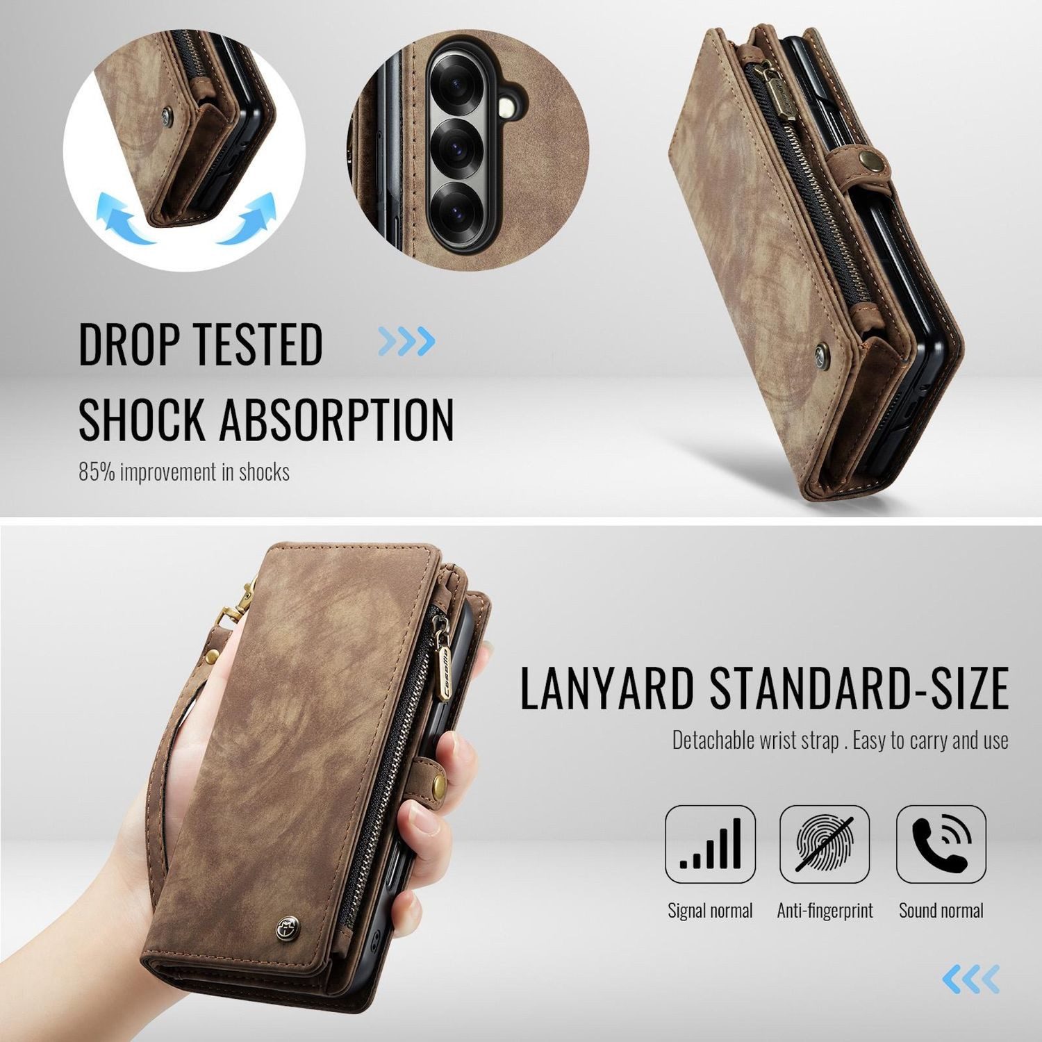 CaseMe Handyhülle Für Samsung Galaxy Z Fold7 5G Kunstleder 008 Multifunktion Hülle Braun, Kunstleder Schutz Tasche Smart Case Multifunktion