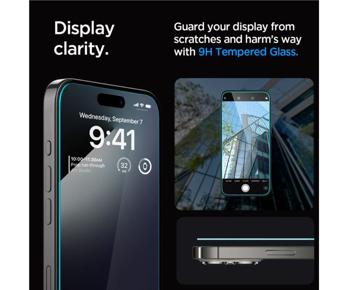 Spigen Displayschutzfolie 2x Displayschutz für iPhone 15 Pro Max Panzerglass Panzerfolie Glas, 2‑tlg. Set, 2 Stück, Tempered Glass, Anti-Fingerabdruck, Case Friendly, Hartglas