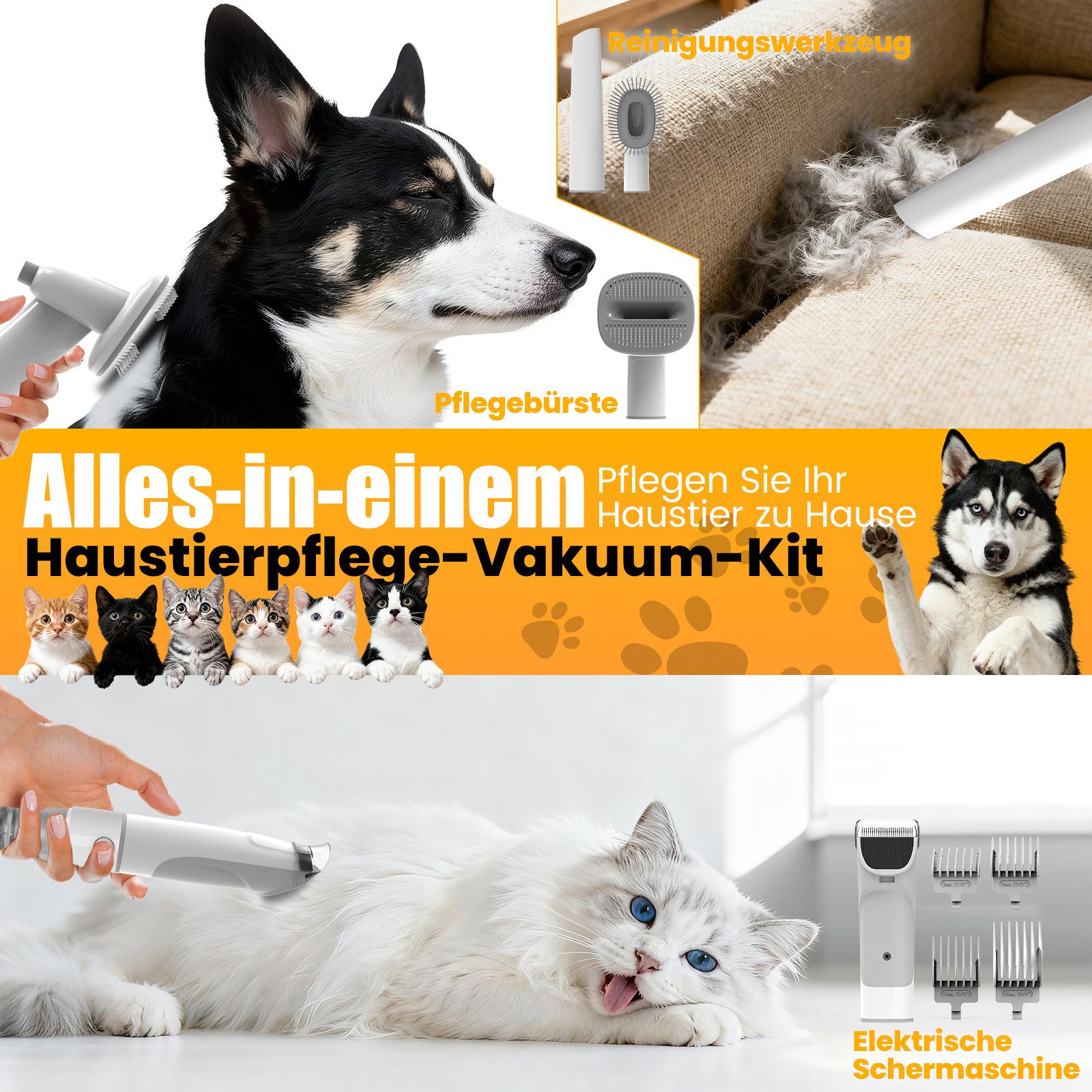 AIRROBO Hundeschermaschine GP04 Haustierpflege-Staubsauger,6-in-1 Tierhaarentferner, mit 12000Pa Saugkraft,1,8L großer Staubbehälter,leiser 60dB, 4 Aufsteckkämme (3-24mm)&Pflegebürste&Fugendüse–für Hunde & Katzen