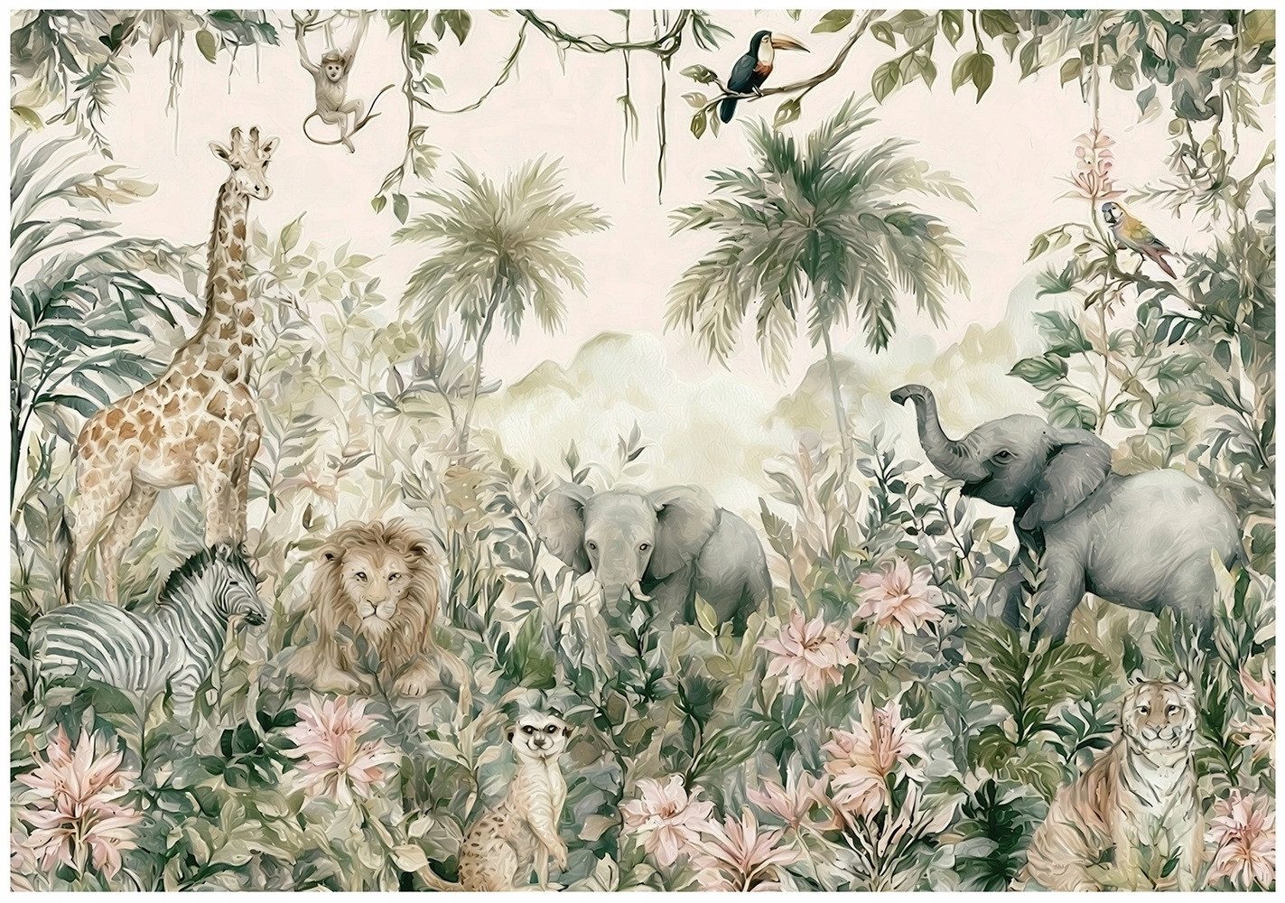 Wallarena Fototapete Dschungeltiere und Wald in Grün aus Vlies fürs Kinderzimmer, glatt, floral, 3D-Optik, (3 St), Motivtapete 150x105cm