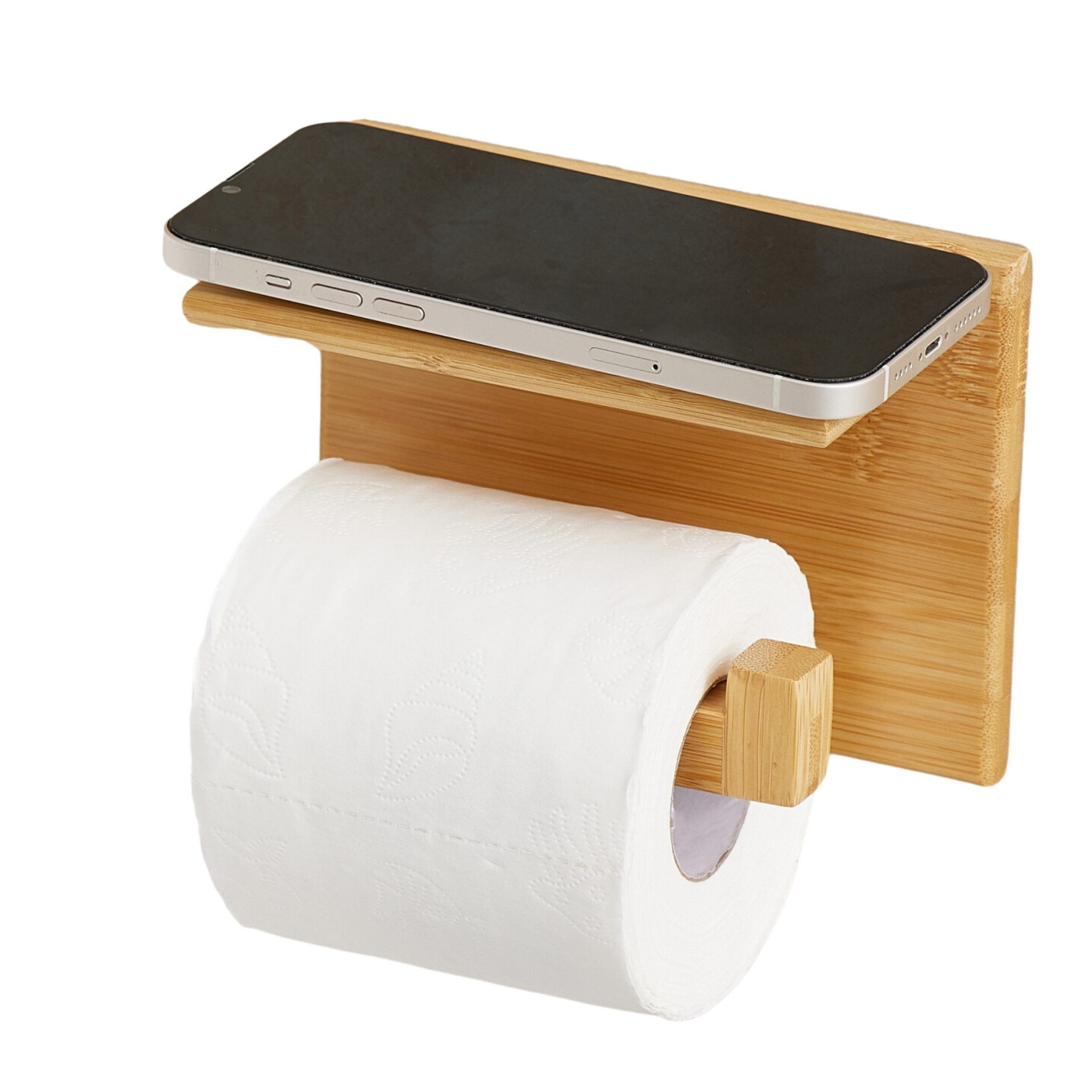 DEKAZIA Toilettenpapierhalter ohne Bohren Klopapierhalter Klorollenhalter WC Rollenhalter (Selbstklebend, Holz, Wand, Toilette), WC Papier Halterung mit Ablage WC Rollenhalter Badezimmer