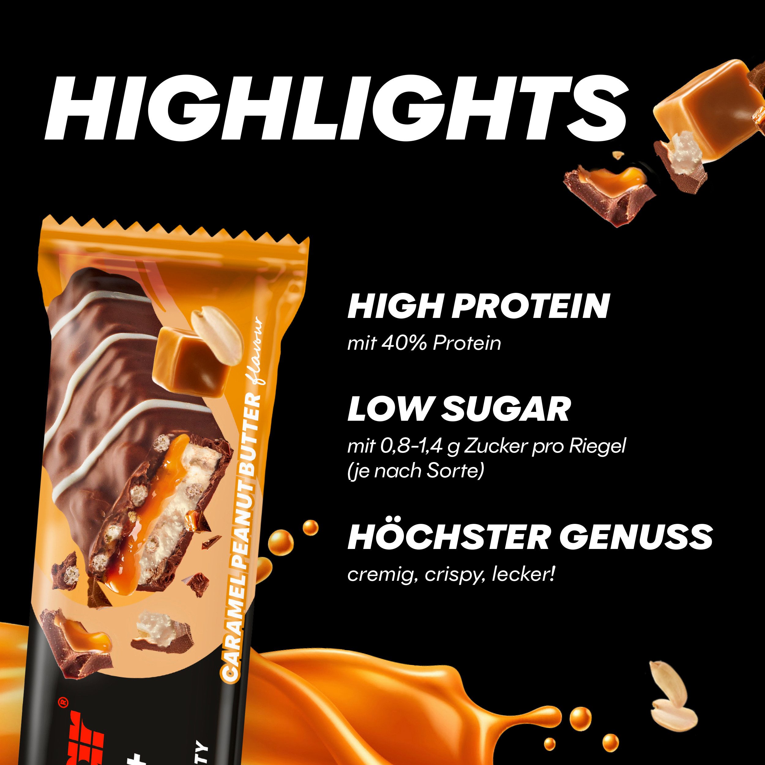 PowerBar High Protein Riegel Caramel Peanut Butter 40% Protein + Crisp 12x 40 g Riegel, 12 er Display à 480 g, 16g Eiweis pro Riegel
