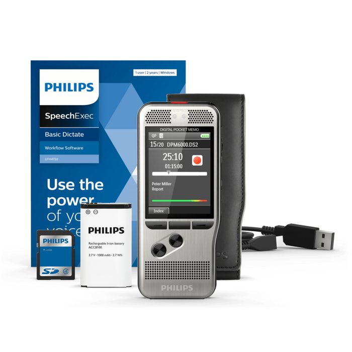 Philips DPM6000 PocketMemo Digitales Diktiergerät (3D-Mikrofon Schiebeschalter Bewegungssensor SpeechExec Dictate Work-flow Software)