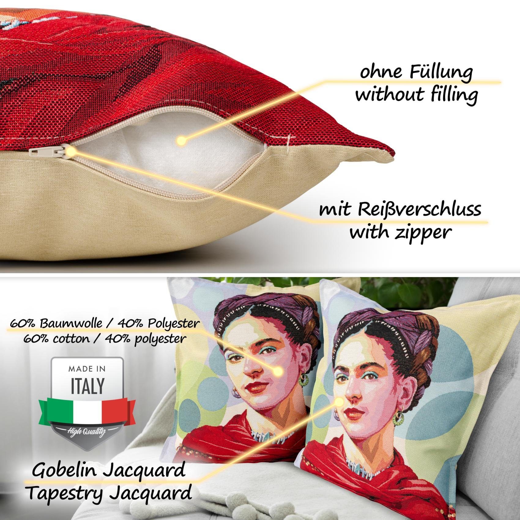 ANRO Dekokissen Jacquard-Gobelin POP Art Kissen 45x45cm Hochwertiger waschbar, Vintage ohne Füllung mit Reißverschluss Frida Kahlo Beige