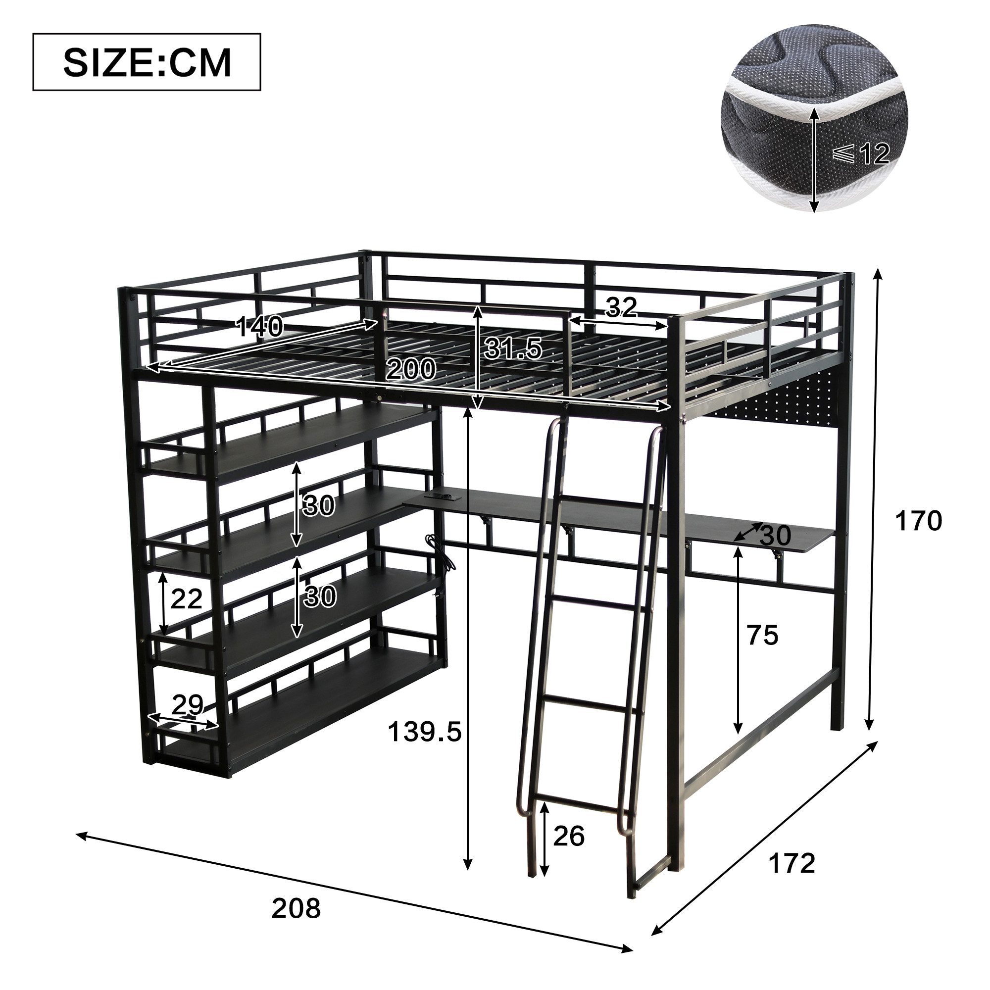 Odikalo Loft Bed 140x200 Metal Bed with Desk & Storage (Iron Bed, Children's Bed, Youth Bed, With Shelves and Plenty of Storage Space, Equipped with Charging Port, Four-Step Slanted Ladder, Can Hang Items, Iron + Chipboard, Black, 140x200cm)