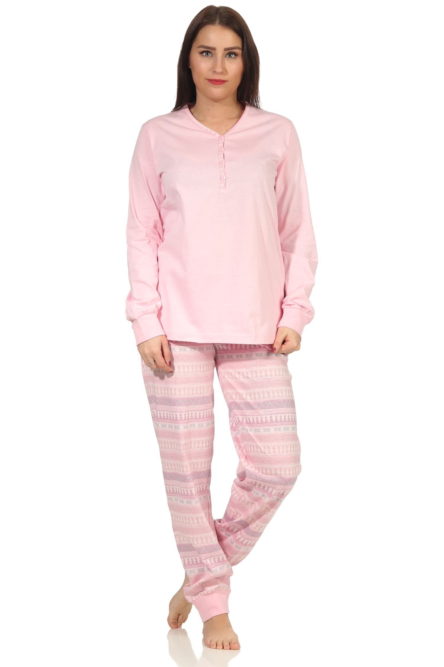 Normann Pyjama Damen Schlafanzug mit Bündchen langarm Pyjama im Ethnolook rosa