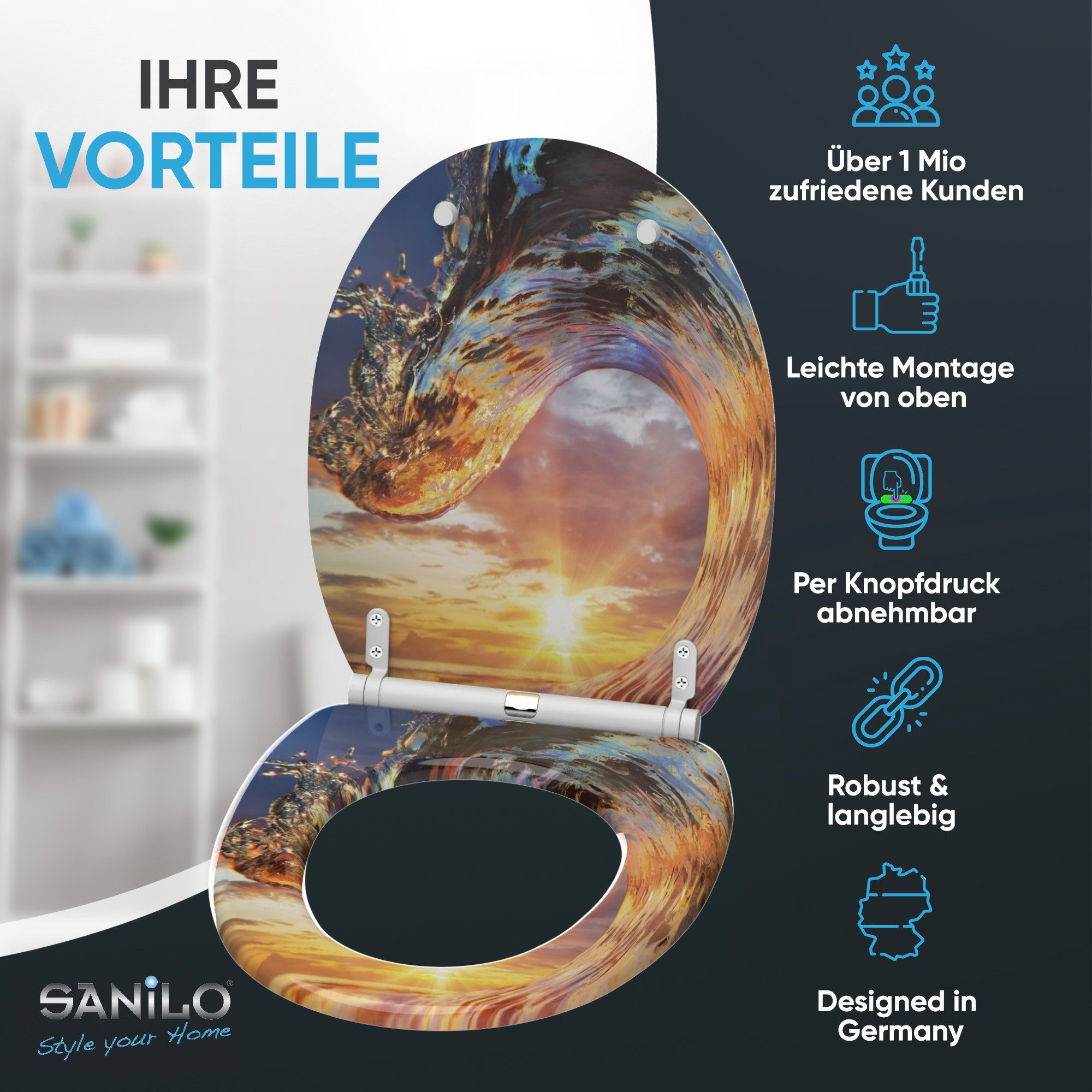 Sanilo WC-Sitz Wave mit Absenkautomatik & Quick Release, Premium Toilettendeckel, abnehmbar, leichte Montage von oben