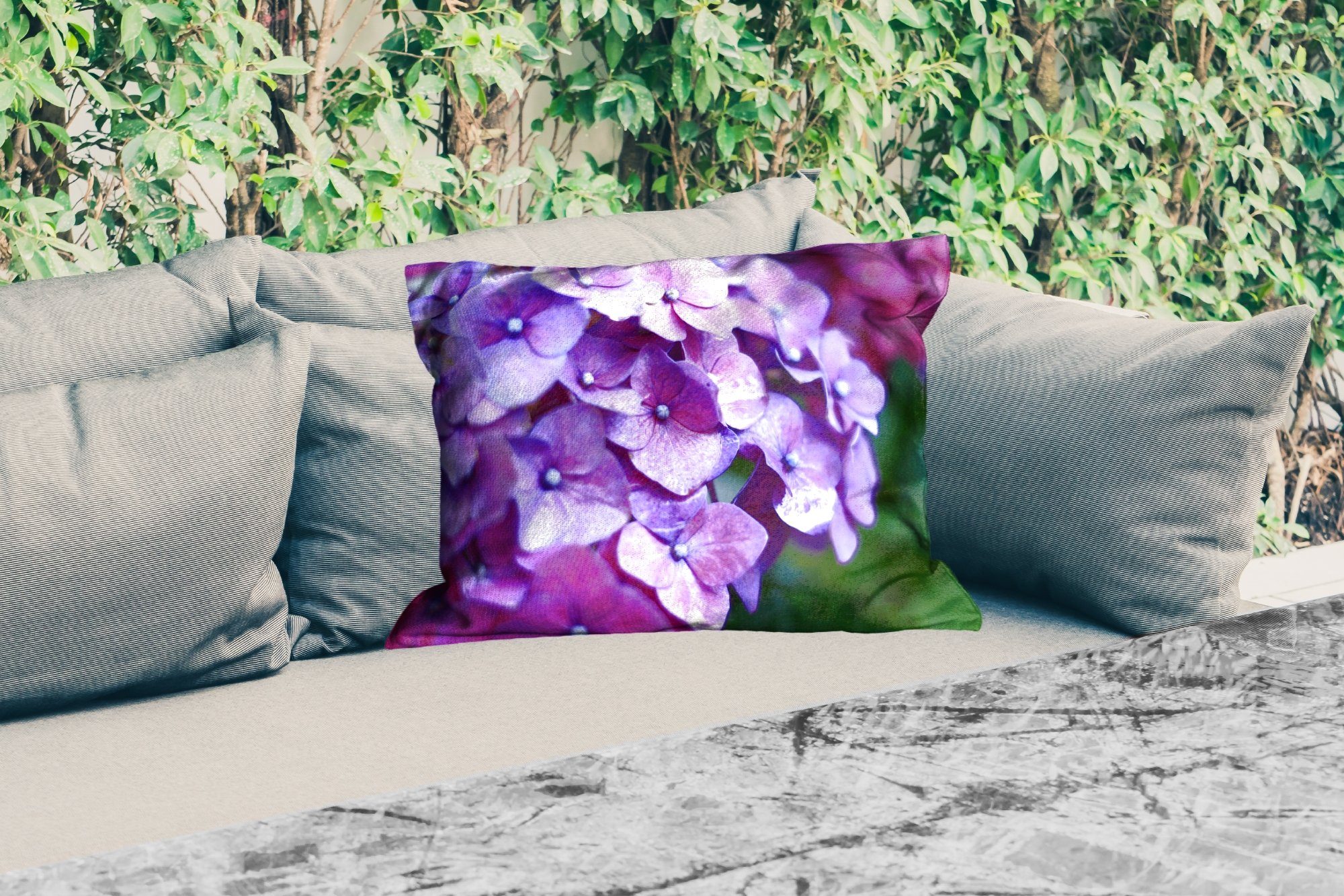 Dekokissen Polyester, - - - - Lila Outdoor-Dekorationskissen, Natur Blütenblätter, Hortensie MuchoWow Dekokissenbezug, Kissenhülle Blumen