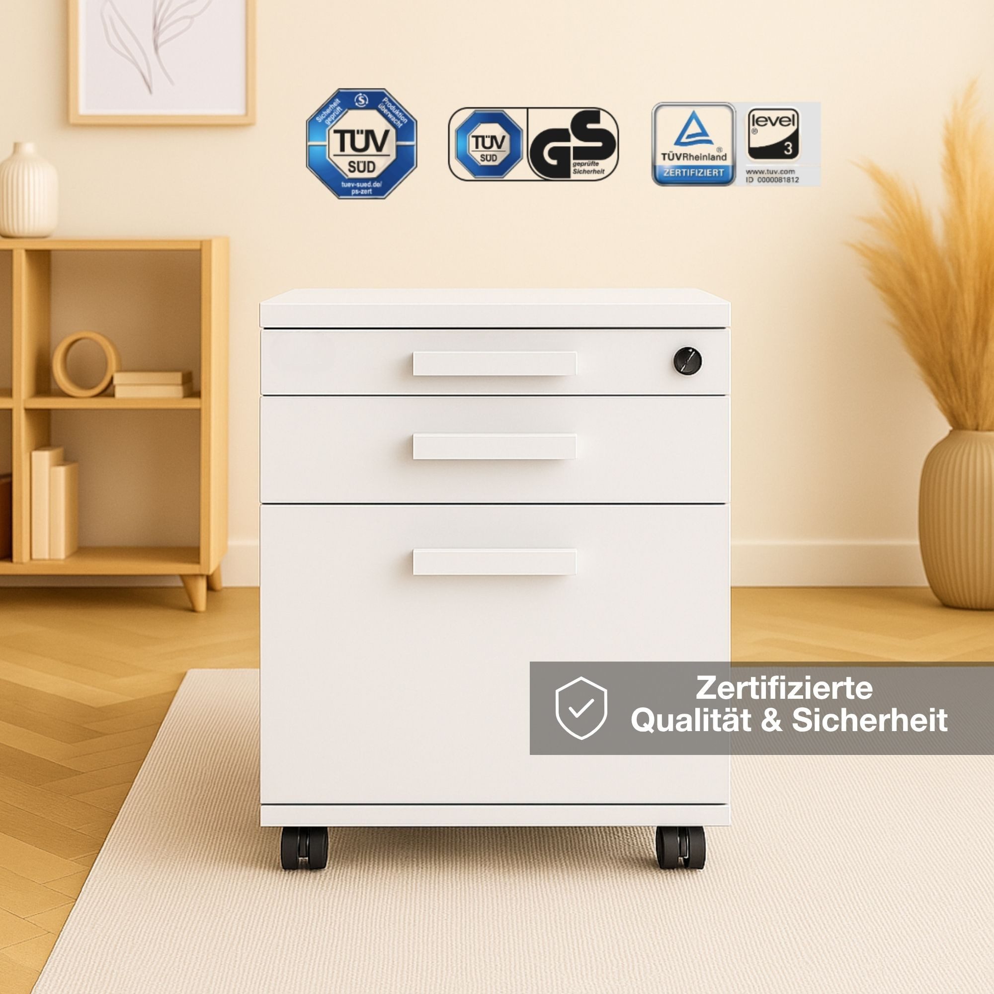ASSMANN Büromöbel Rollcontainer, (Weiß Abschließbar 41x58x53cm, fertig montiert, für Büro und Homeoffice), TÜV-zertifiziert, Blauer Engel, FEMB Level 3
