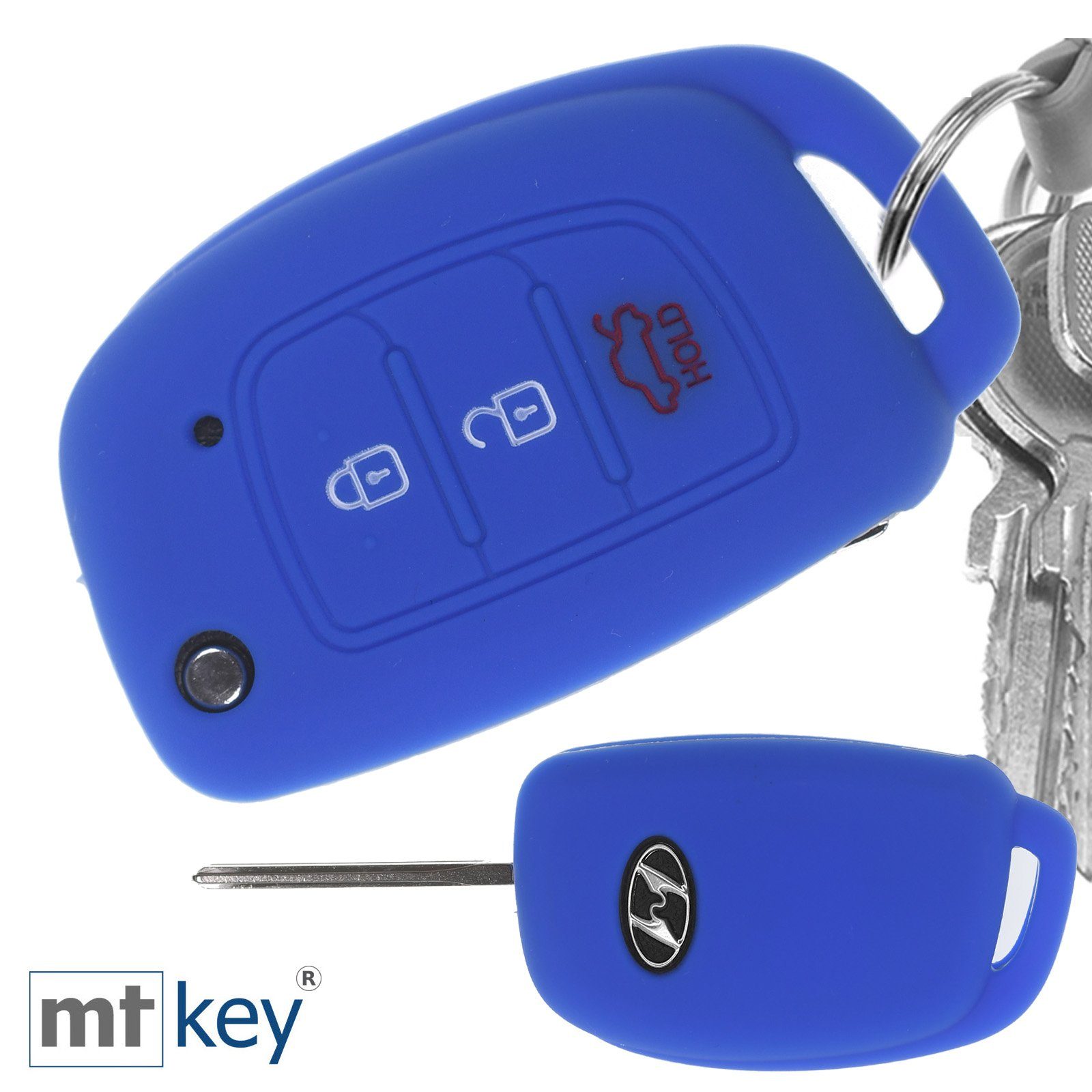 mt-key Schlüsseltasche Autoschlüssel Softcase Silikon Schutzhülle im Wabe Design Blau, für Hyundai i10 i20 ix25 ix35 i40 Accent Tucson 3 Knopf Klappschlüssel