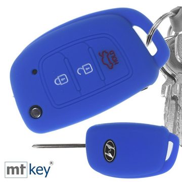 mt-key Schlüsseltasche Autoschlüssel Silikon Schutzhülle im Wabe Design Blau + Schlüsselband, für Hyundai i10 i20 ix25 ix35 i40 Accent Tucson 3 Knopf Klappschlüssel
