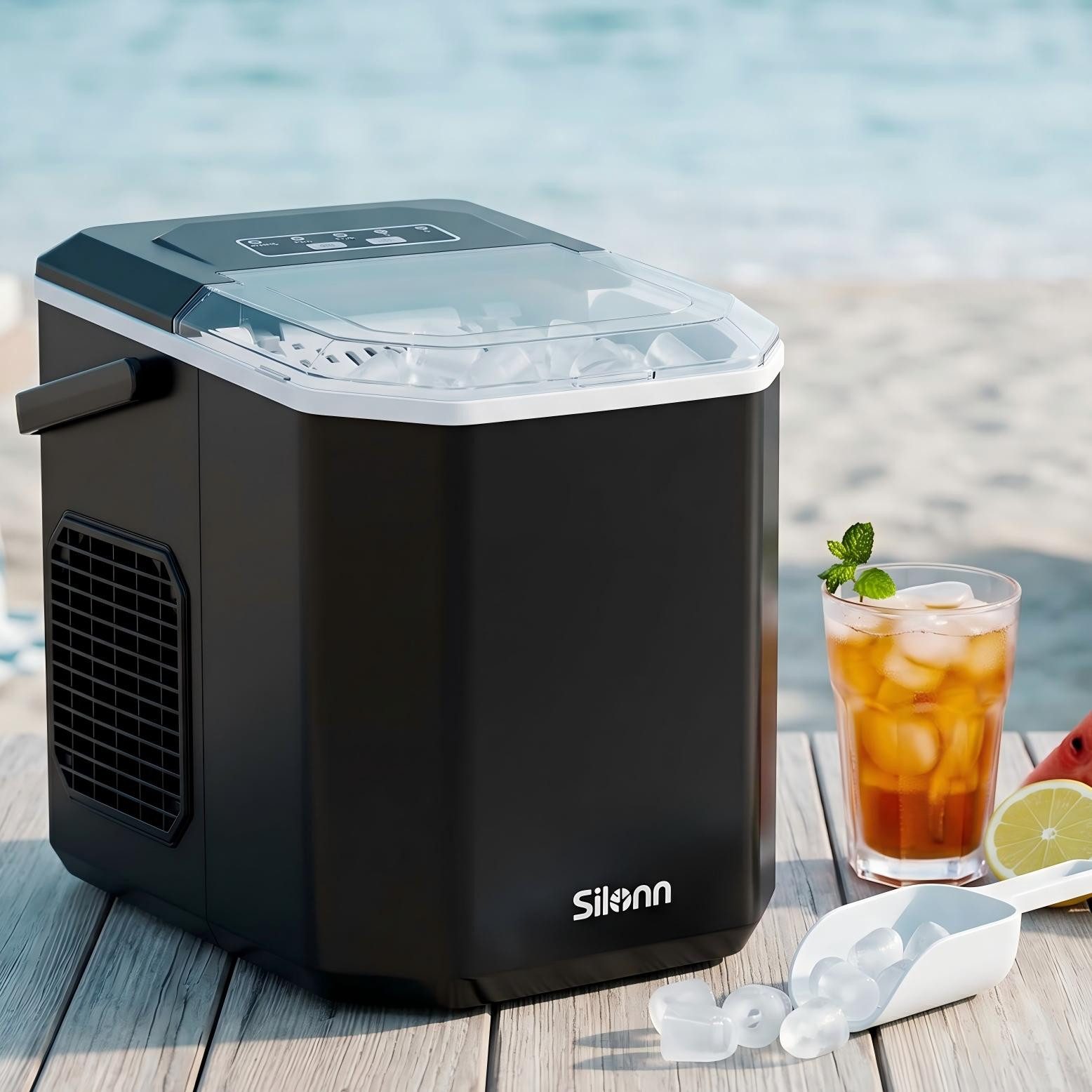 Silonn Eiswürfelmaschine Eiswürfelbereiter kompakt, 2 Eisgrößen, Selbstreinigung, tragbar, 12 kg/Tag, selbstreinigend, ≤ 35 dB