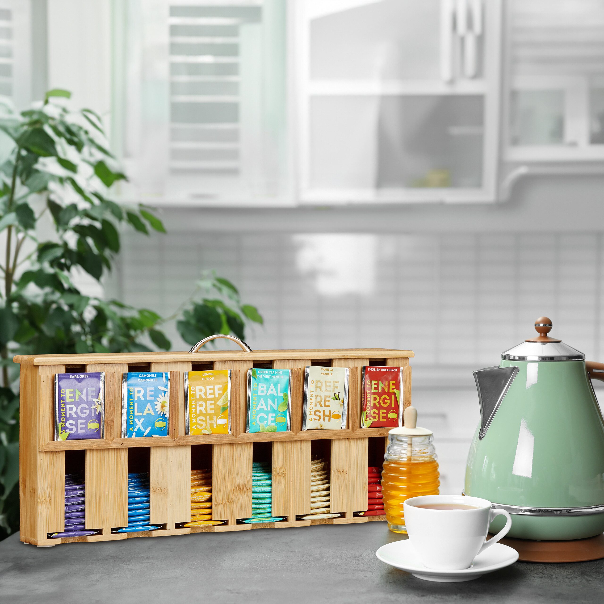 relaxdays Teebox Bambus Teebeutelspender mit 6 Fächern, Bambus