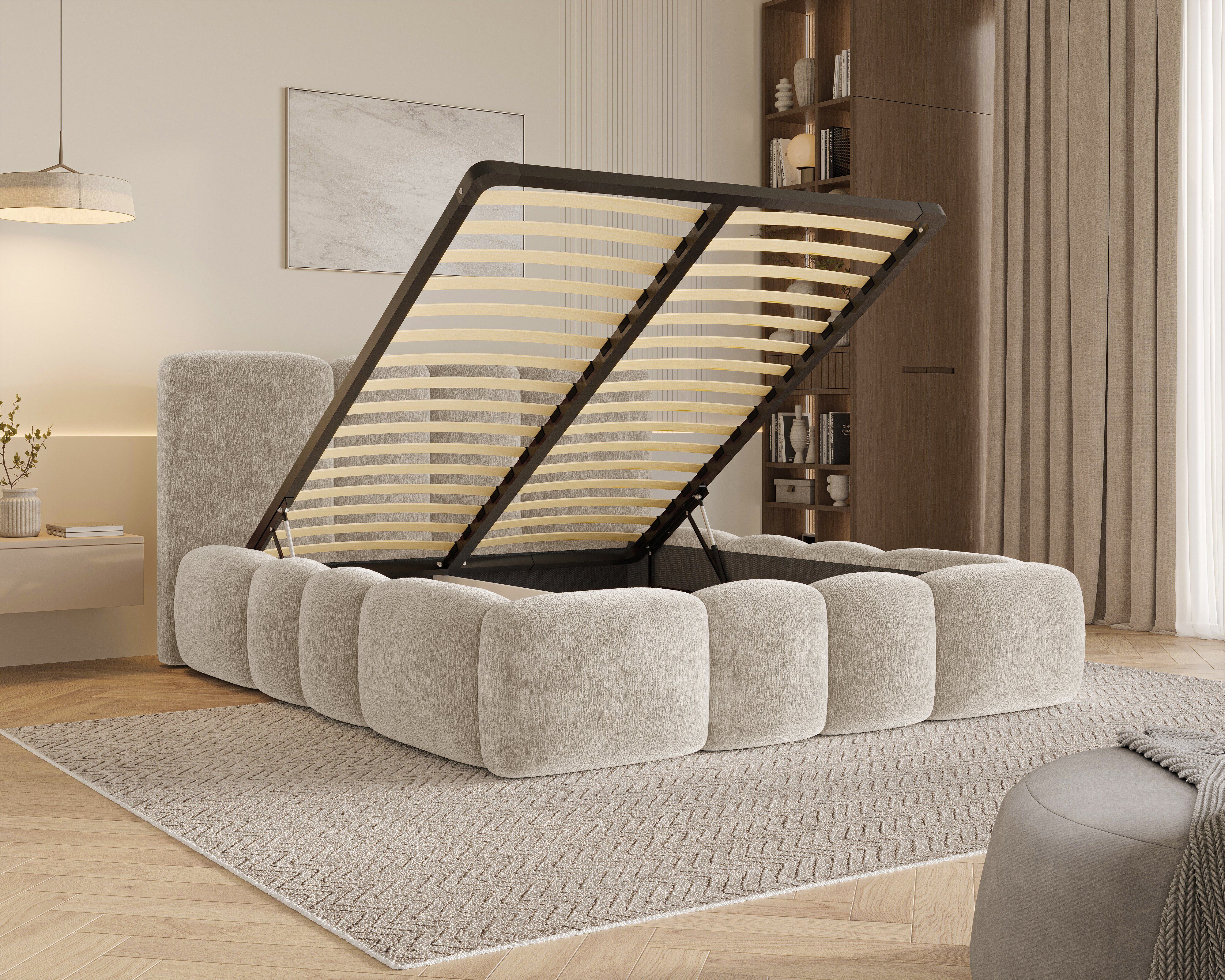 MOEBLO Polsterbett 26 Wolke (mit Stauraum und Metallrahmen und Lattenrost Wolkenbett aus Chenille Strukturstoff - 140 x 200), - (BxHxT): 168/188/208 x 100 x 230 – Bild 4 von 5